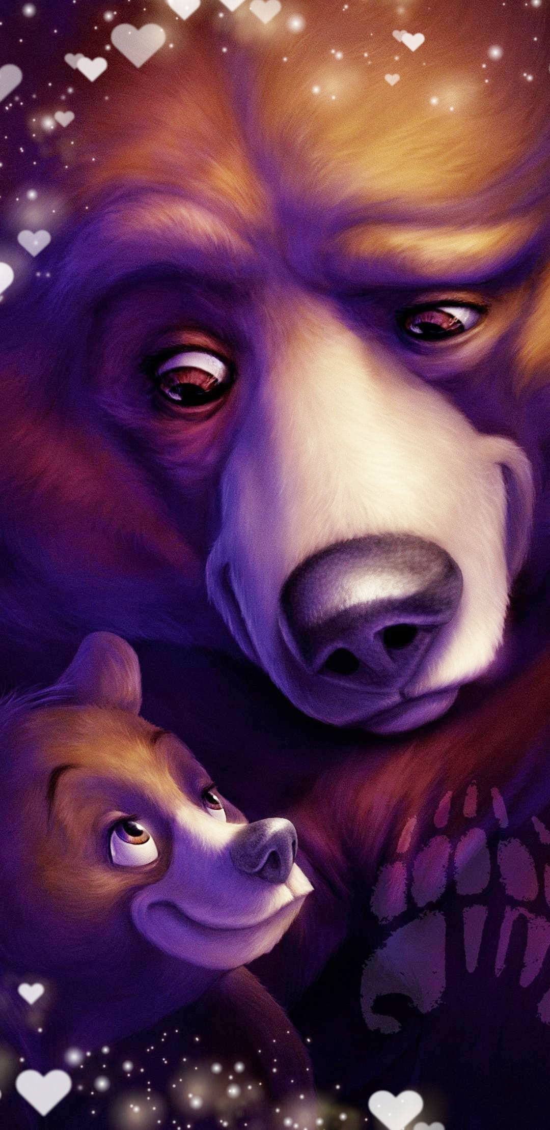 《熊的傳說》心形框畫面 壁紙 — 一幅溫馨的數位插圖，描繪一隻大熊和一隻小熊寶寶在閃爍的紫色背景上，互相凝視，周圍漂浮著心形圖案。
