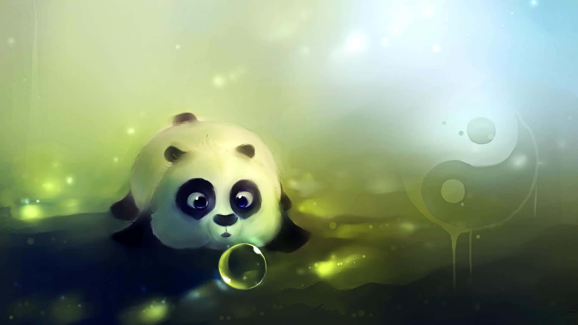 熊貓坐在綠色背景上 壁紙 — 一隻可愛的卡通熊貓，大眼睛從迷霧般的綠光中探出頭來，在陰陽符號附近拿著一個發光的泡泡。