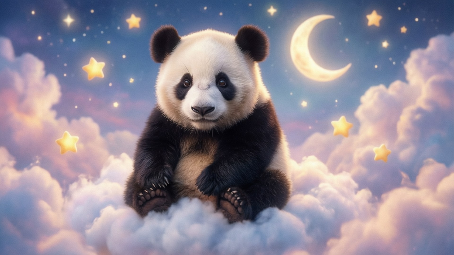 熊貓坐在雲上，夜空中有星星和新月