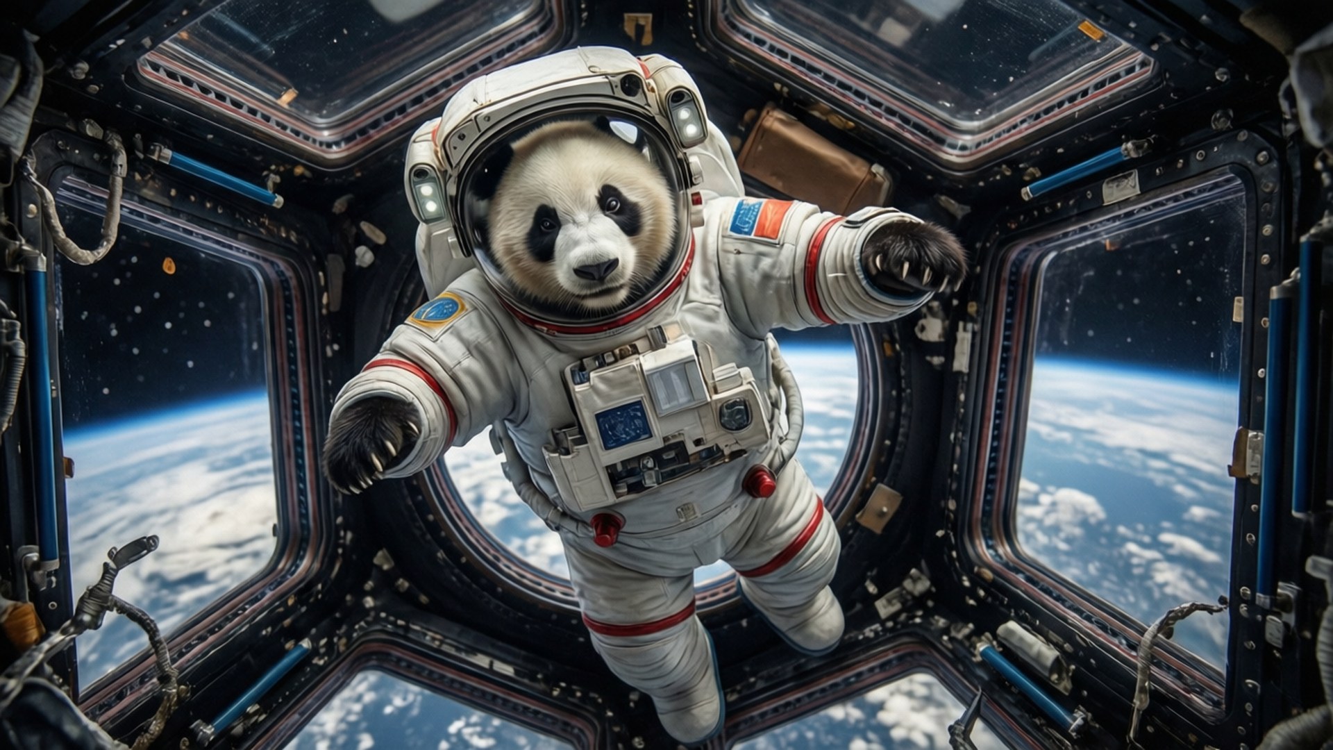 穿著太空衣的熊貓在太空站內漂浮，外面可見地球。