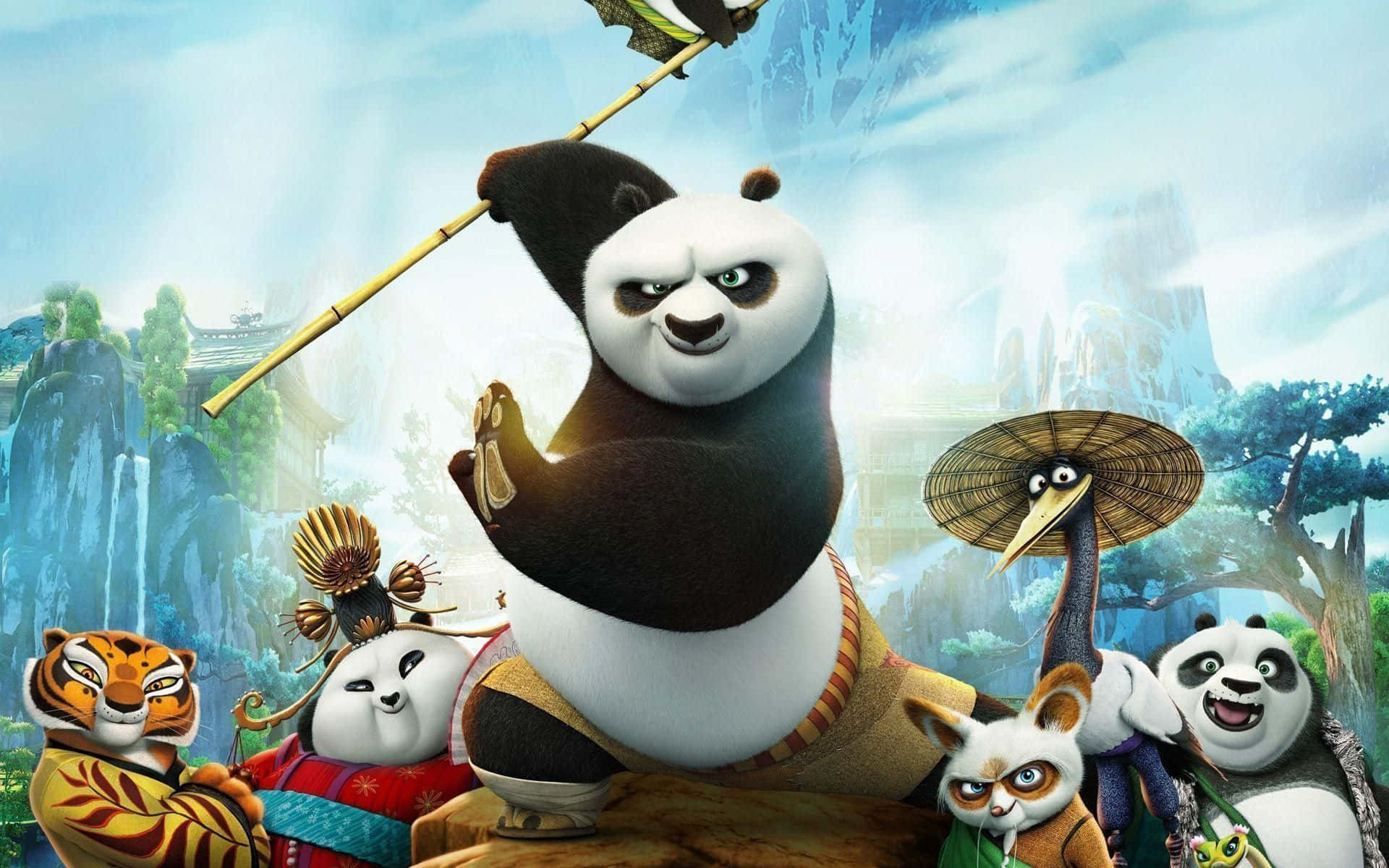 Animation Movies 桌布 壁紙 — 熊貓阿寶英雄地拿著他的法杖，被他的蓋世五俠和朋友們包圍在一個霧氣瀰漫的山谷中。
