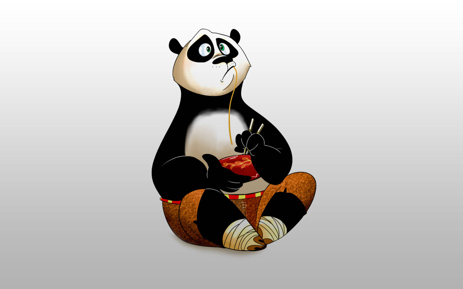 熊貓阿波熱情享用他最愛的麵條 壁紙 — 一隻卡通熊貓盤腿坐著，用筷子吃麵條，背景是純色漸變。