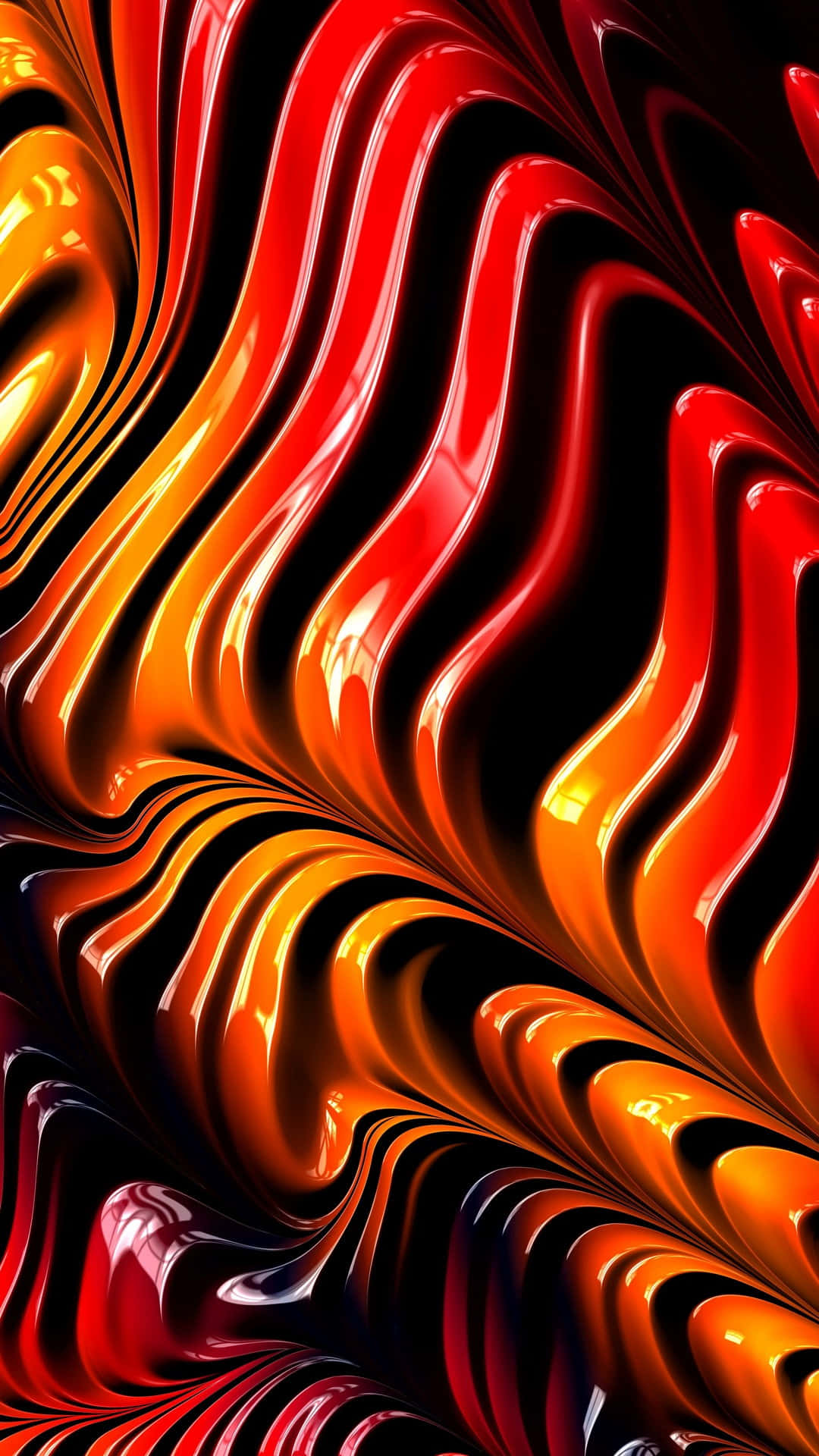 3d Graphics 桌布 壁紙 — 熔化的紅橙色和黑色形成充滿活力的漩渦波浪，創造出動態的抽象流體運動。