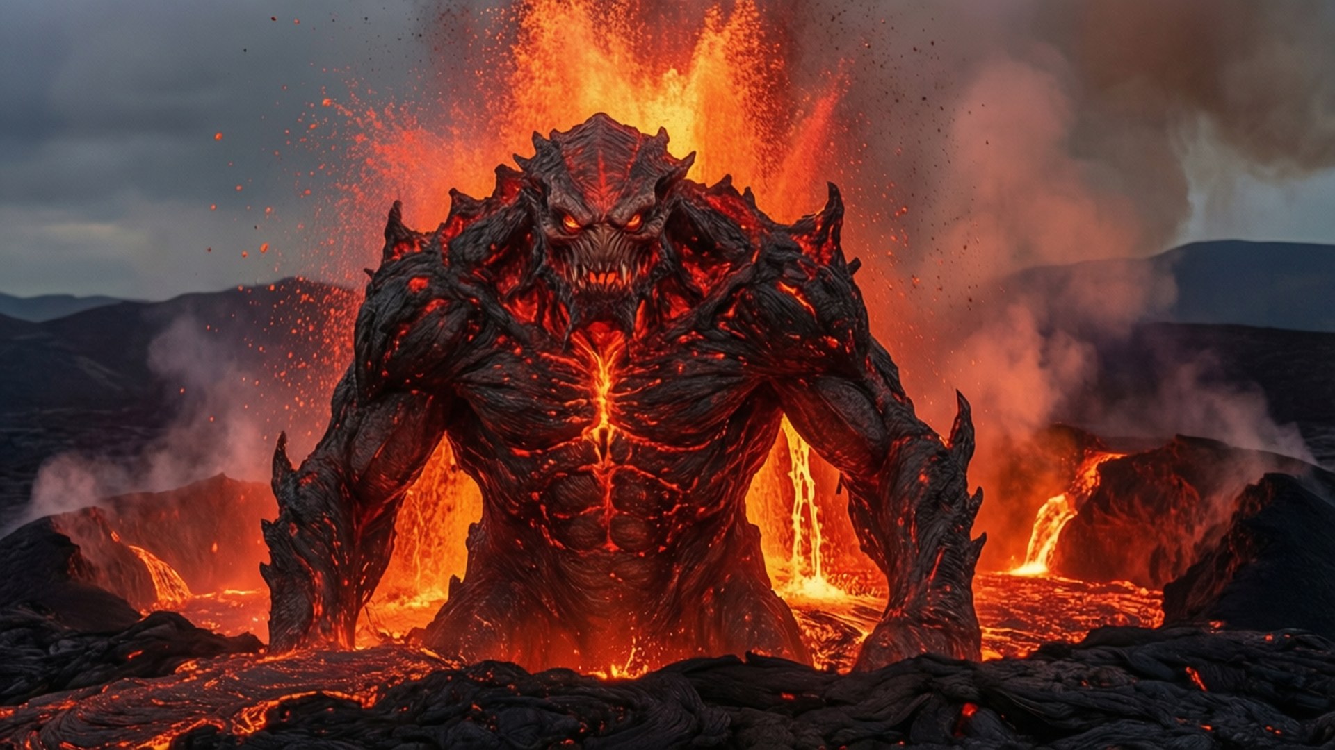 熔岩惡魔從火山地形中出現，帶有發光的眼睛和流動的熔岩。