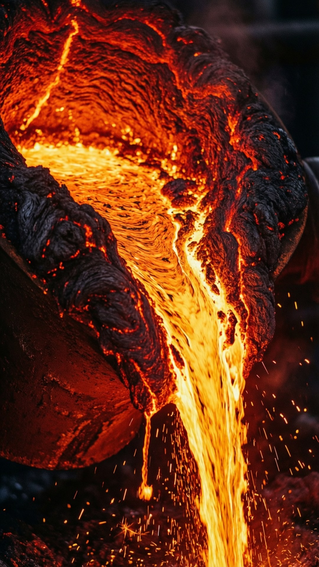 熔岩沿著火山崖壁流下，火花飛舞。