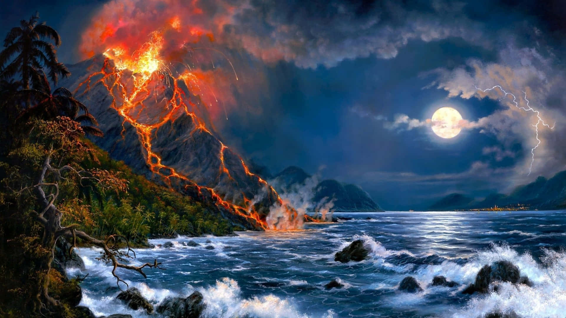 夜晚火山爆發，熔岩在滿月和閃電下流入海洋。