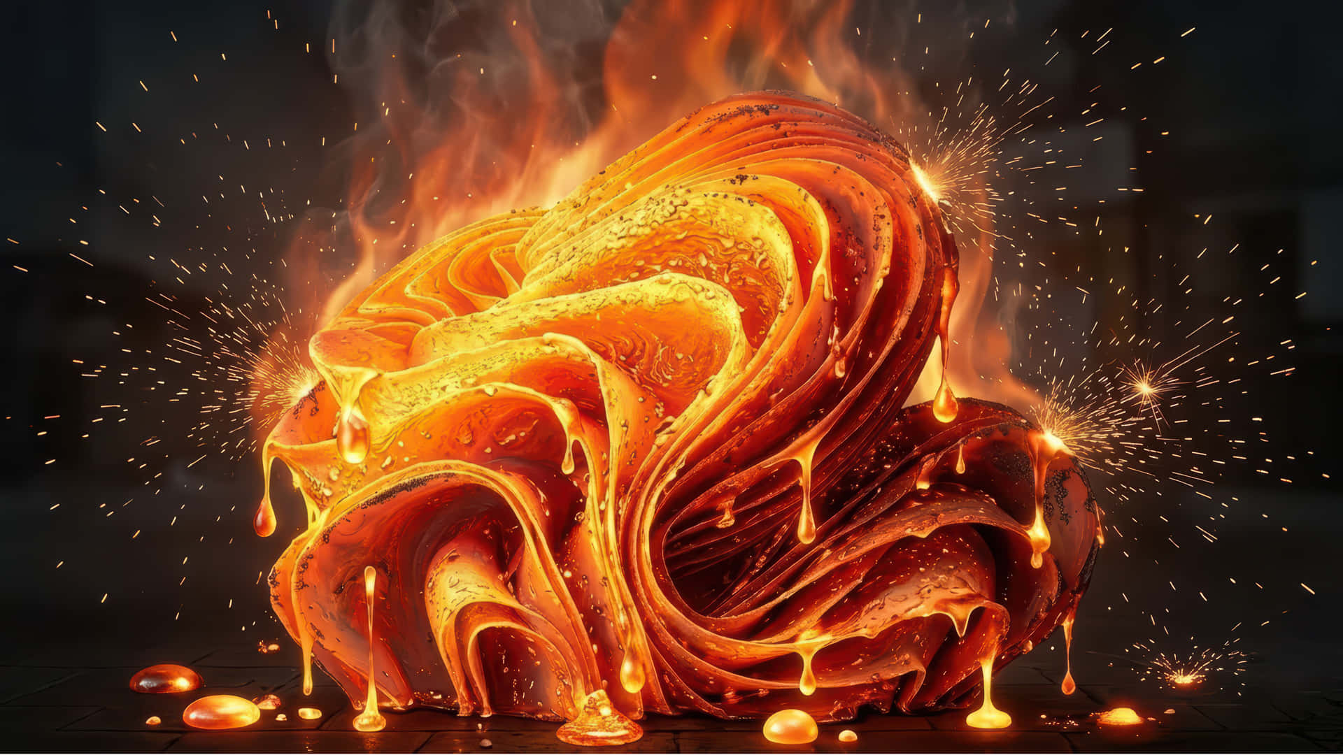 熔融鋼鐵 Bloom II 桌面增強壁紙 壁紙 — 一團旋轉的熔金滴落並迸發出火花，背景為黑暗，帶有發光的餘燼。