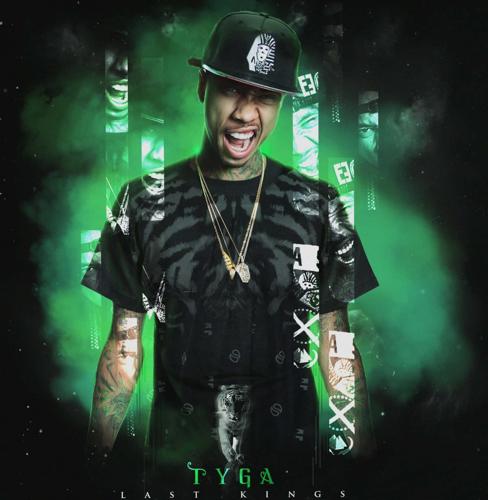 饒舌歌手 Tyga 穿著黑色虎紋襯衫和帽子，站在帶有臉部碎片的綠色數位背景前。