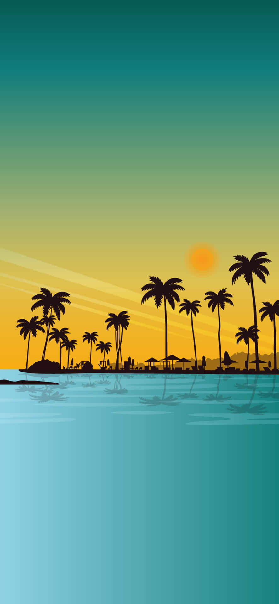 棕櫚樹和沙灘傘在平靜海面上的日落中形成剪影。
