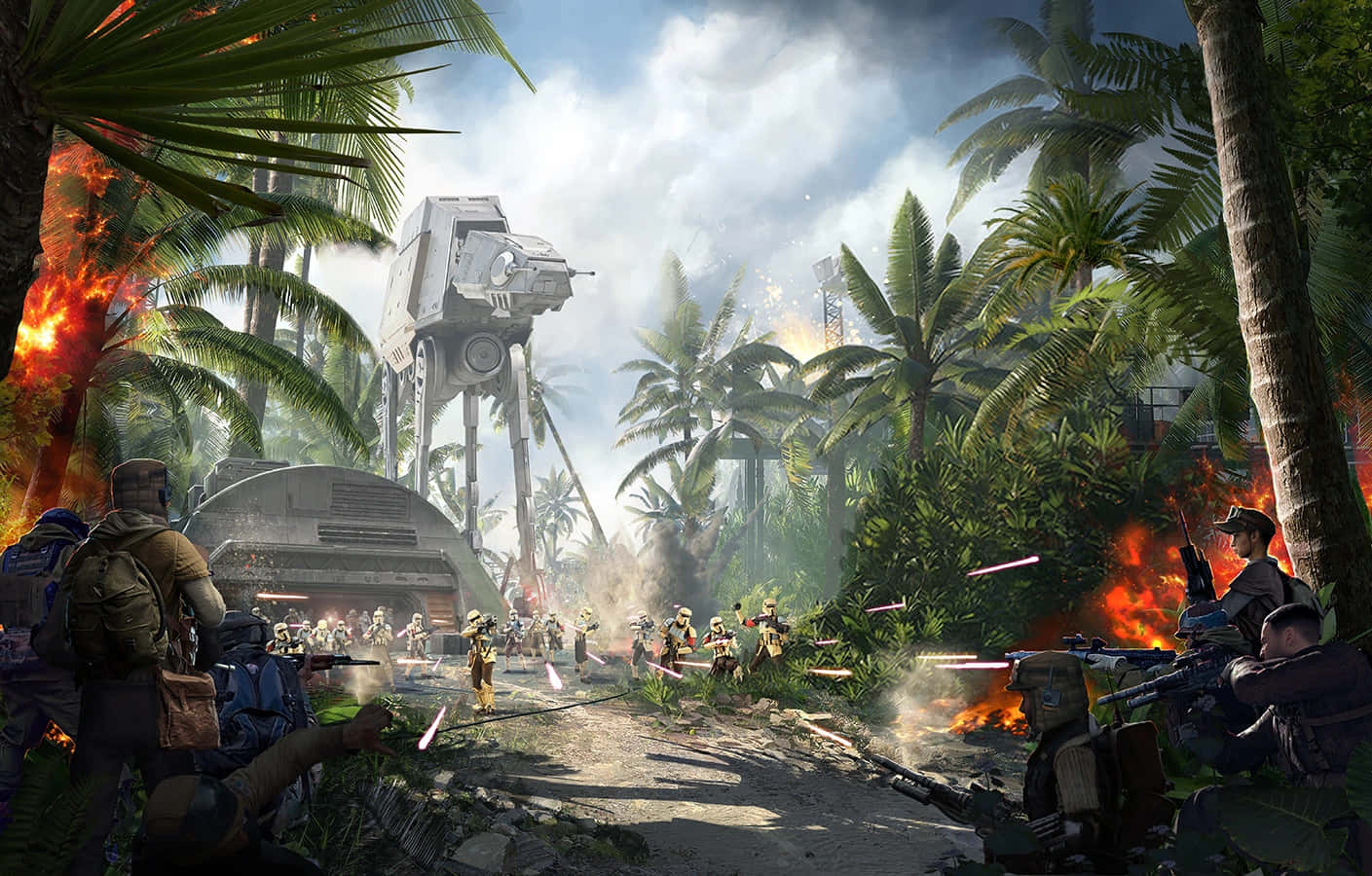 The Battle Of Scarif 桌布 壁紙 — 熱帶叢林戰場，AT-AT步行機與士兵在爆炸和煙霧中激烈交戰。