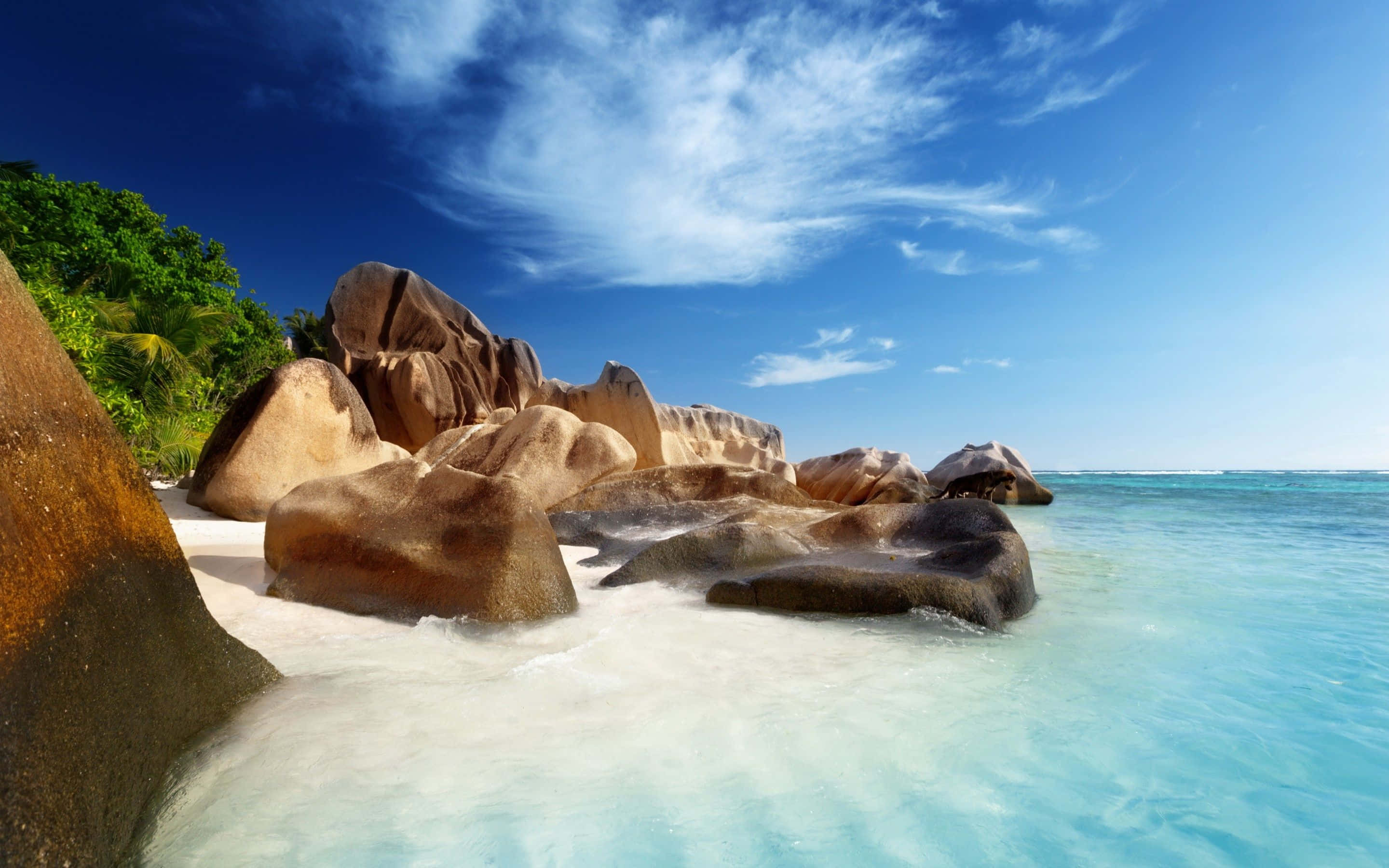 Seychelles Beach 桌布 壁紙 — 熱帶天堂，白色沙灘上有巨大光滑的花崗岩巨石，天空湛藍，雲朵輕盈。