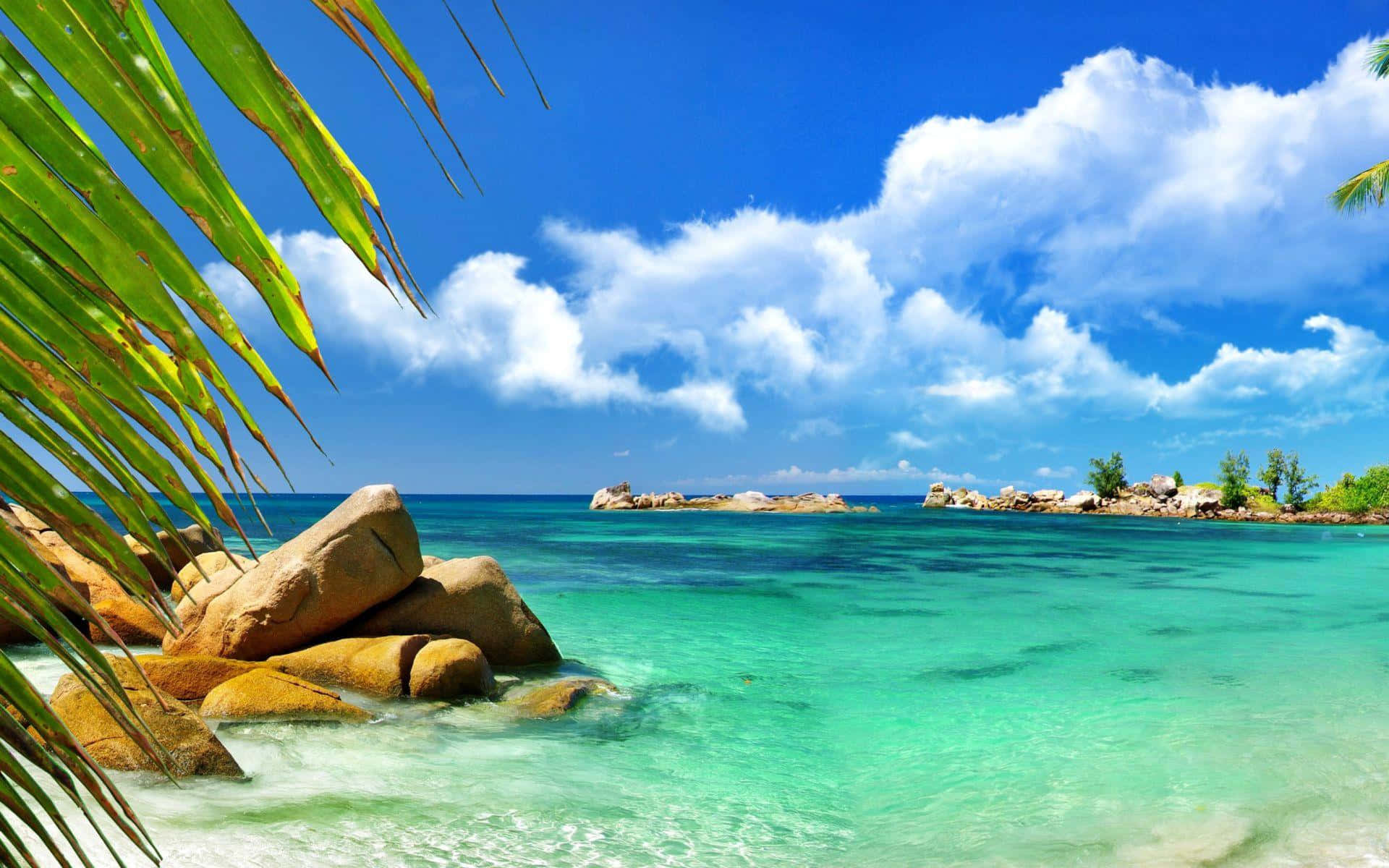 Aruba 桌布 壁紙 — 熱帶天堂，碧綠的海水拍打著金色岩石，上方是湛藍的天空和蓬鬆的白雲。