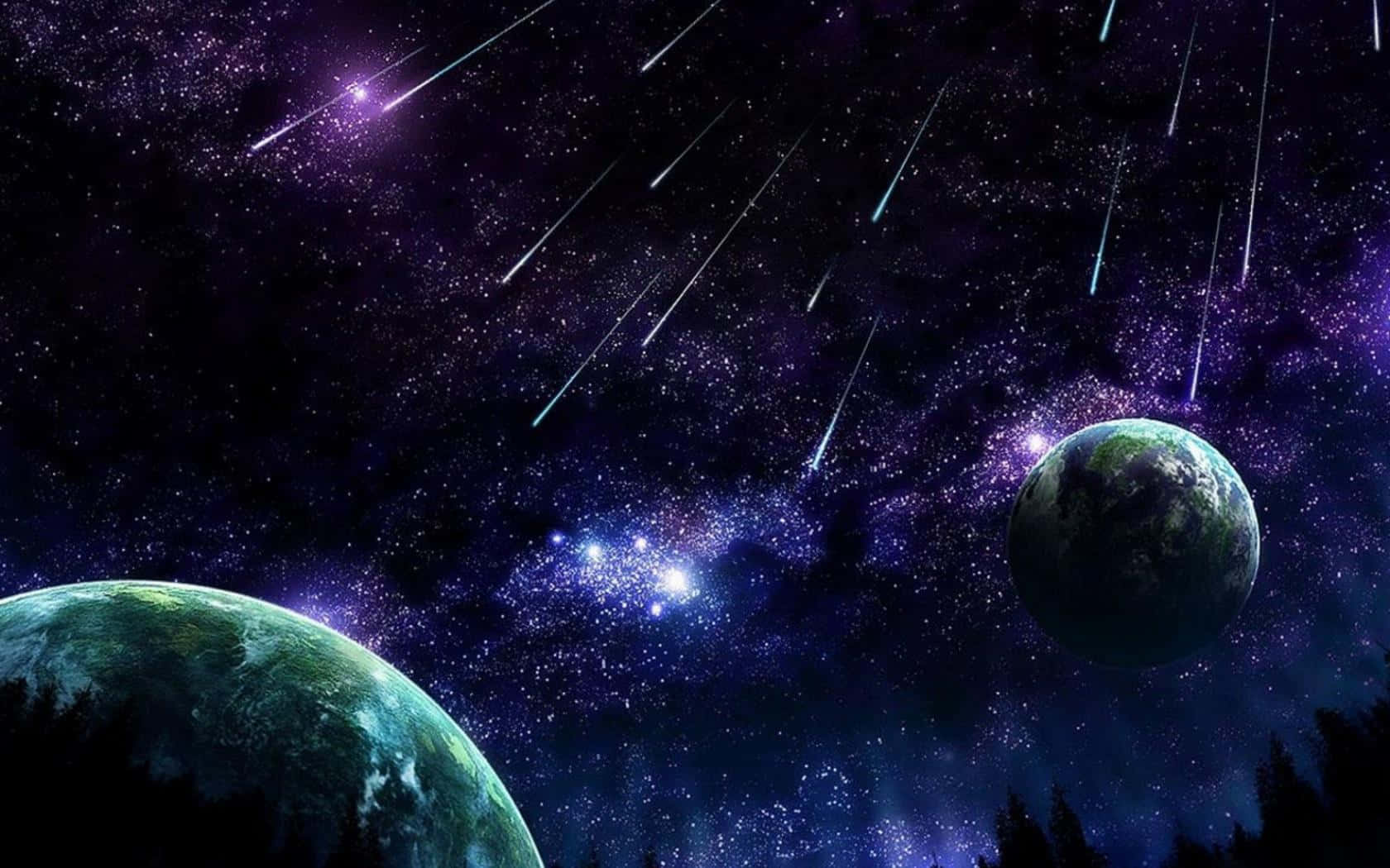 兩顆行星在佈滿流星的星空紫色天空中。