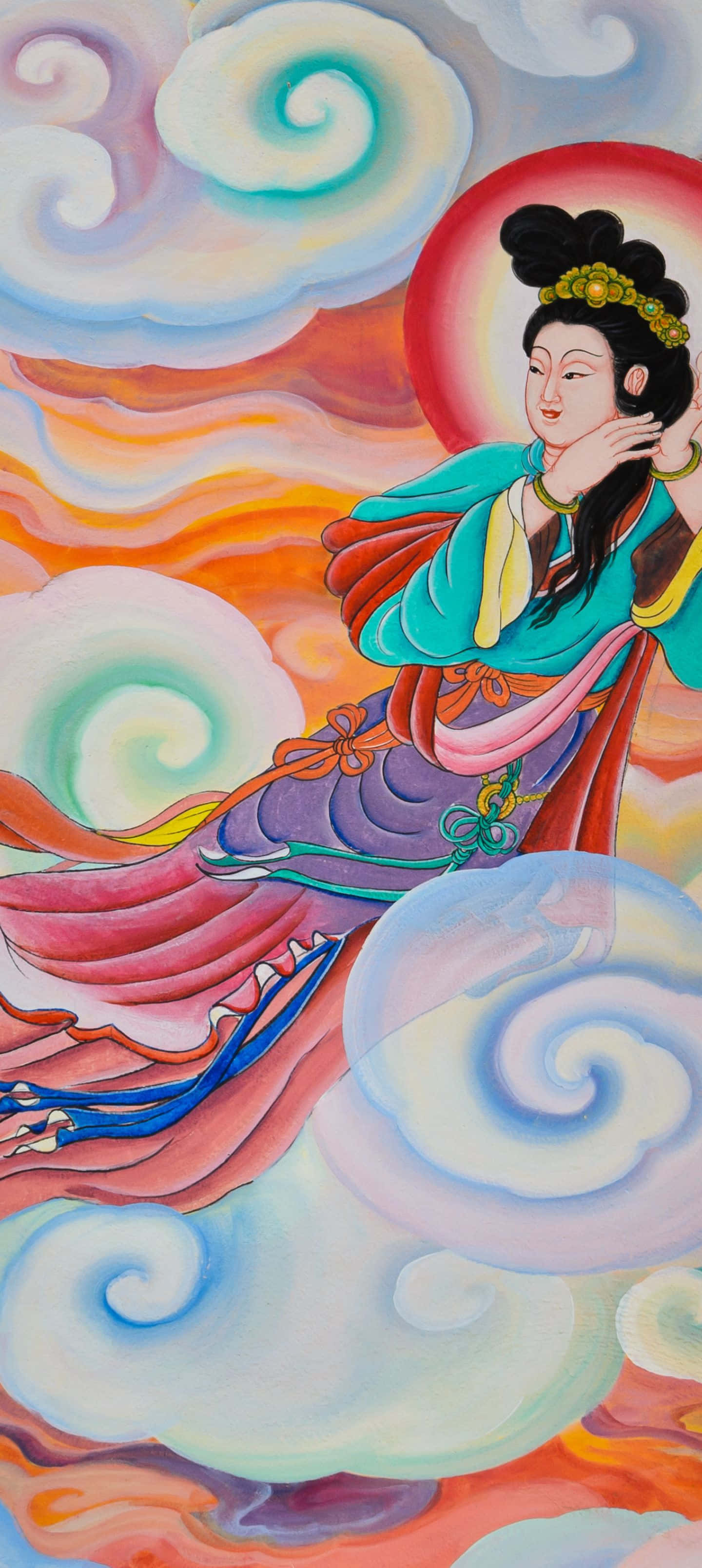 熱帶天堂的海洋日落 壁紙 — 一位身穿飄逸長袍的寧靜女神，在絢麗的橙色和藍色天空背景下，優雅地漂浮在旋轉的粉彩雲朵之間。