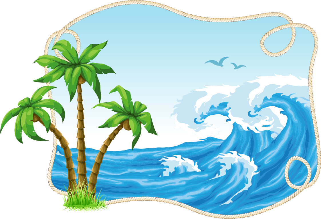 熱帶島嶼幻想框架 壁紙 — 熱帶海灘場景，有棕櫚樹和拍打的海浪，以繩索邊框框住。