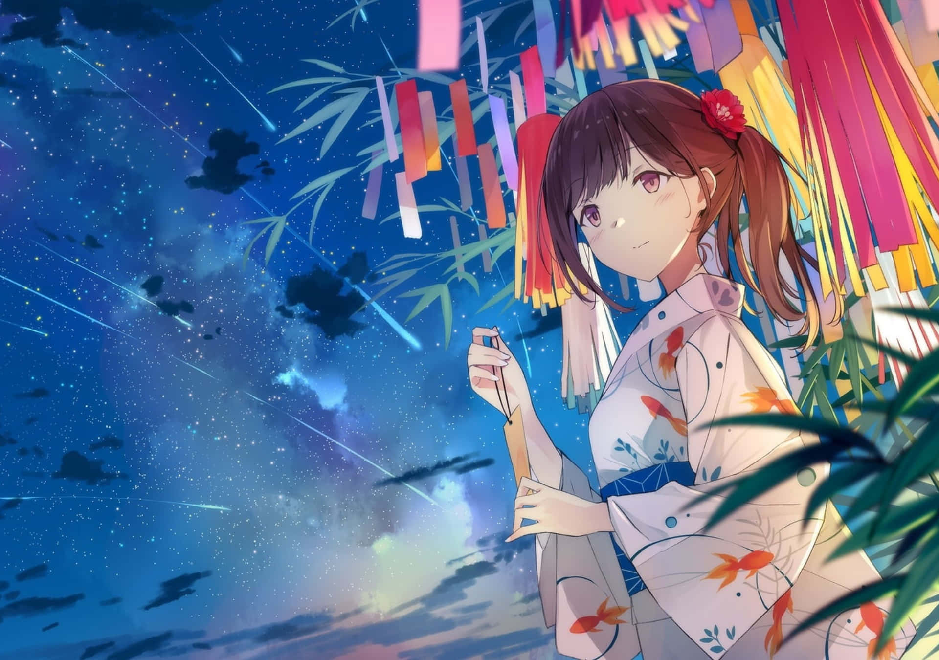 動漫女孩穿和服在紙彩帶下，夜空有流星