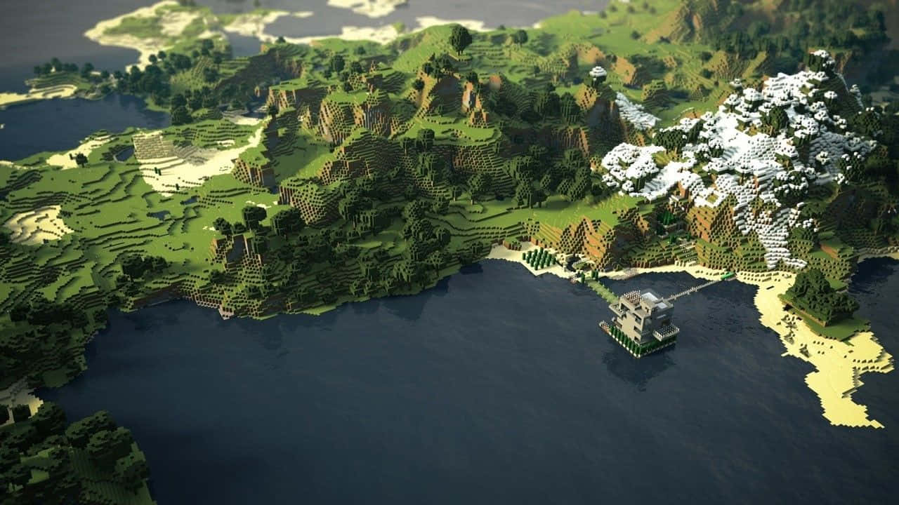 熱帶島嶼高畫質影像 壁紙 — 從空中俯瞰一個方塊狀的Minecraft島嶼，有茂密的綠色山丘、白雪覆蓋的山峰，以及一座漂浮在黑暗水面上方的豪宅。