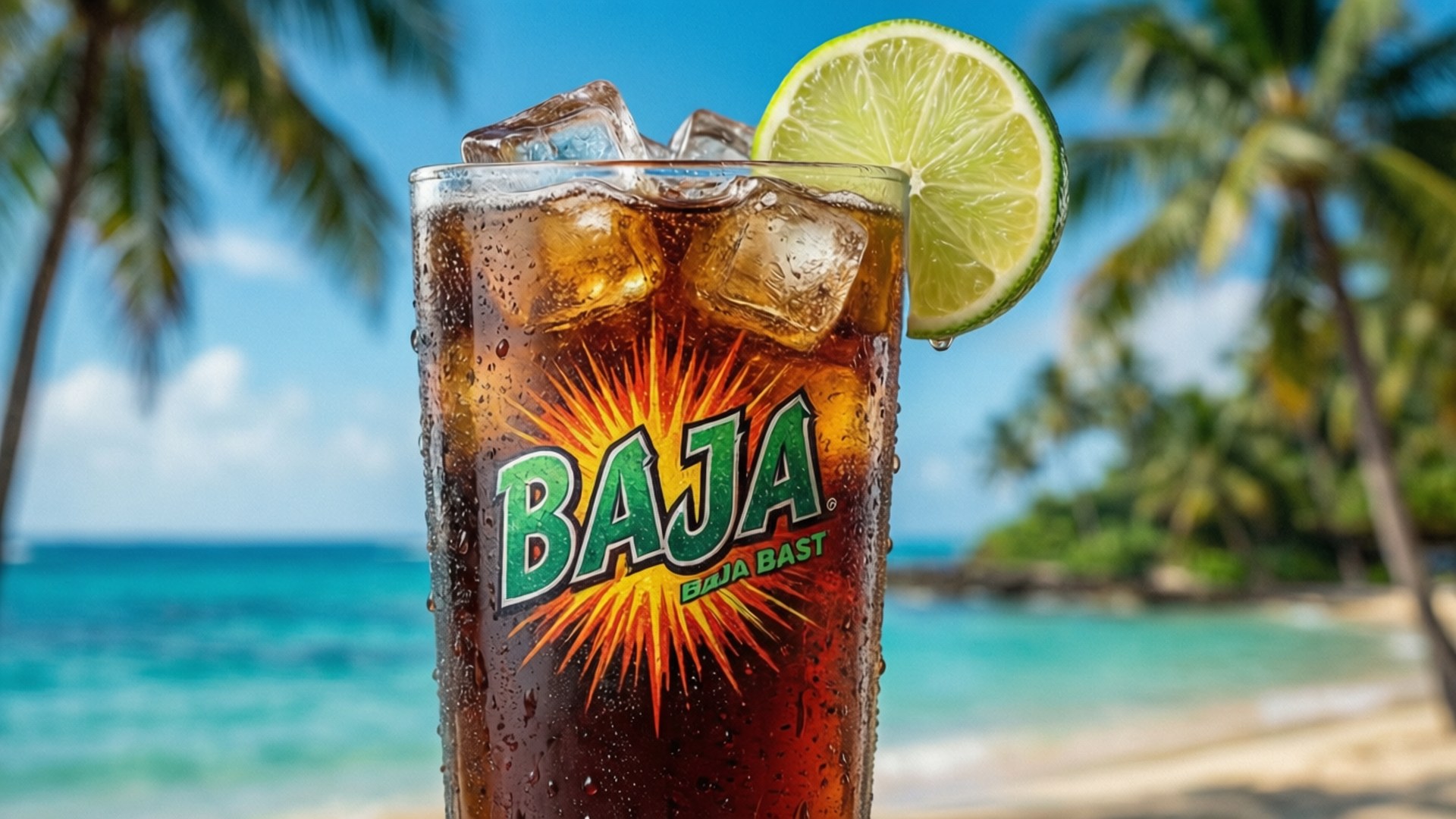 熱帶巴哈 Blast 壁紙 — 一杯冰凍的Baja Blast汽水，加冰和青檸裝飾，放在陽光明媚的海灘上，背景有棕櫚樹和碧綠的海洋。