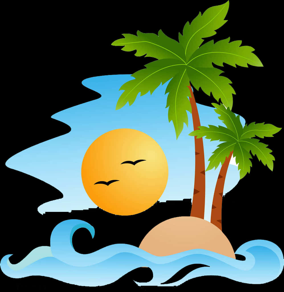 熱帶日落椰子樹 壁紙 — 一個卡通島嶼，有兩棵棕櫚樹、海浪和夕陽，鳥兒在藍天下飛翔。