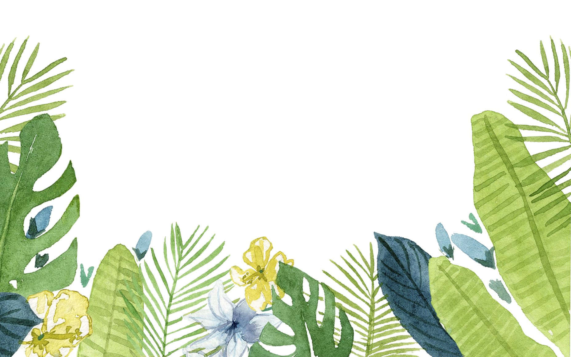 Botanical 桌布 壁紙 — 熱帶植物葉片（包括龜背竹和棕櫚葉）在純白背景上框住底部角落。