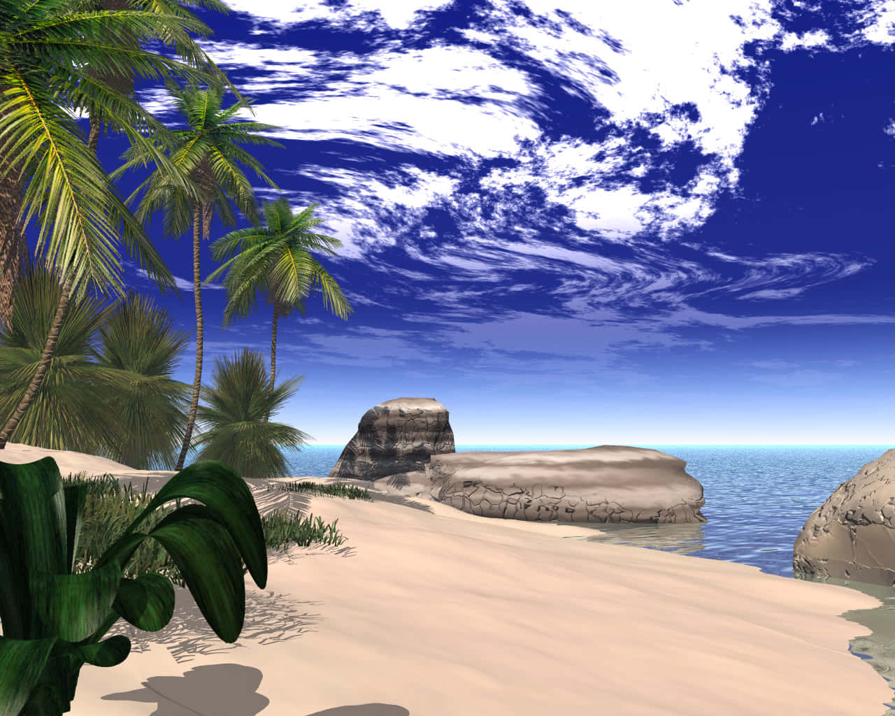 3d Landscape 桌布 壁紙 — 熱帶海灘，棕櫚樹和岩石突出，湛藍天空飄著縷縷白雲。