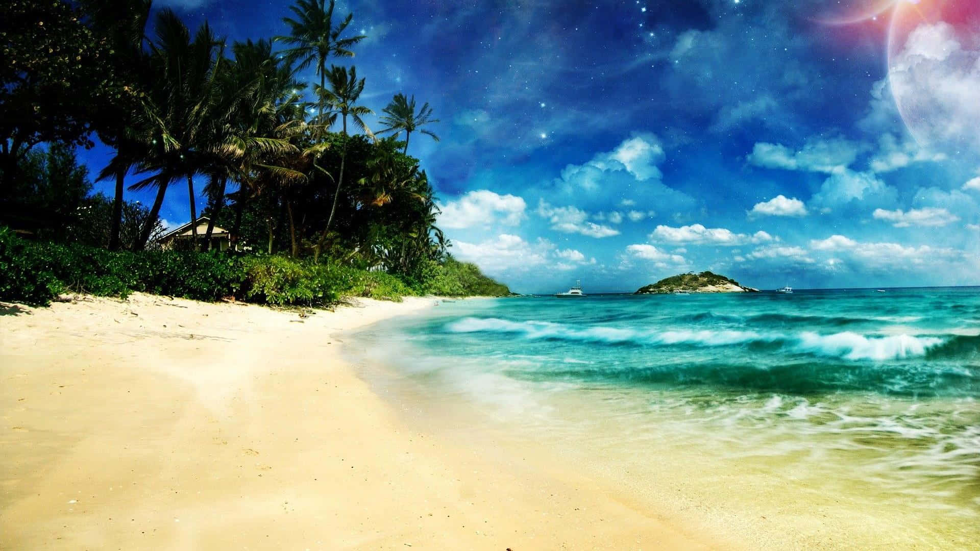 海灘 桌布 壁紙 — 熱帶海灘，棕櫚樹和碧綠的海浪，星空下有一輪發光的月亮。
