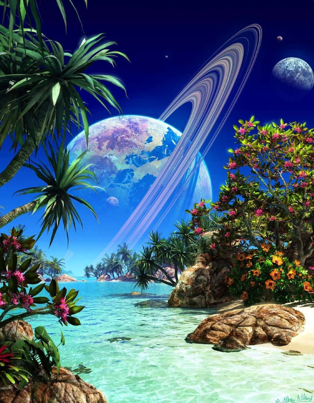 Visuals 桌布 壁紙 — 熱帶海灘，棕櫚樹和鮮花，在一個巨大的環狀行星下，充滿活力的外星天空。
