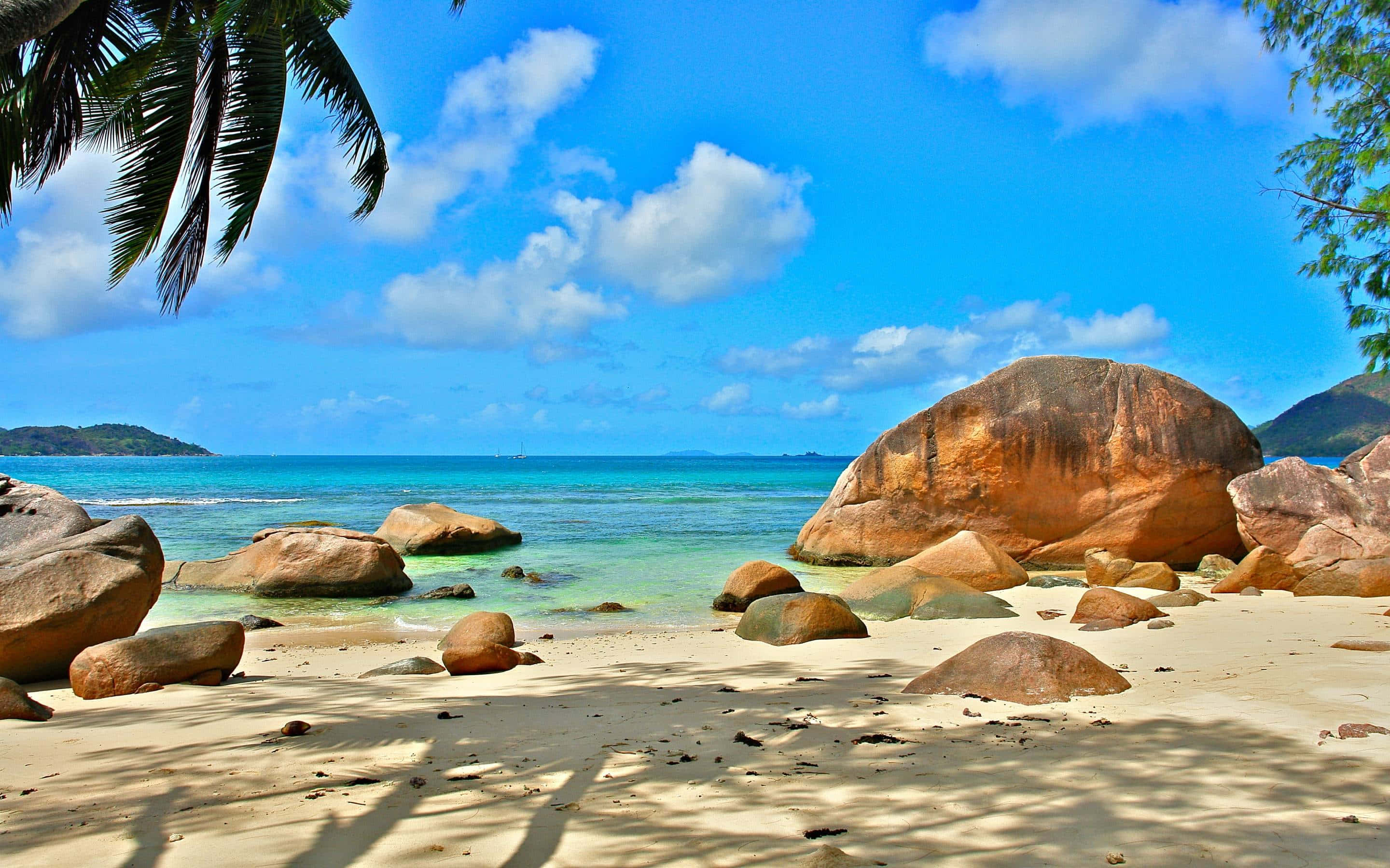 Seychelles Beach 桌布 壁紙 — 熱帶海灘，碧綠海水，巨大岩石，明亮藍天， fluffy 雲朵。