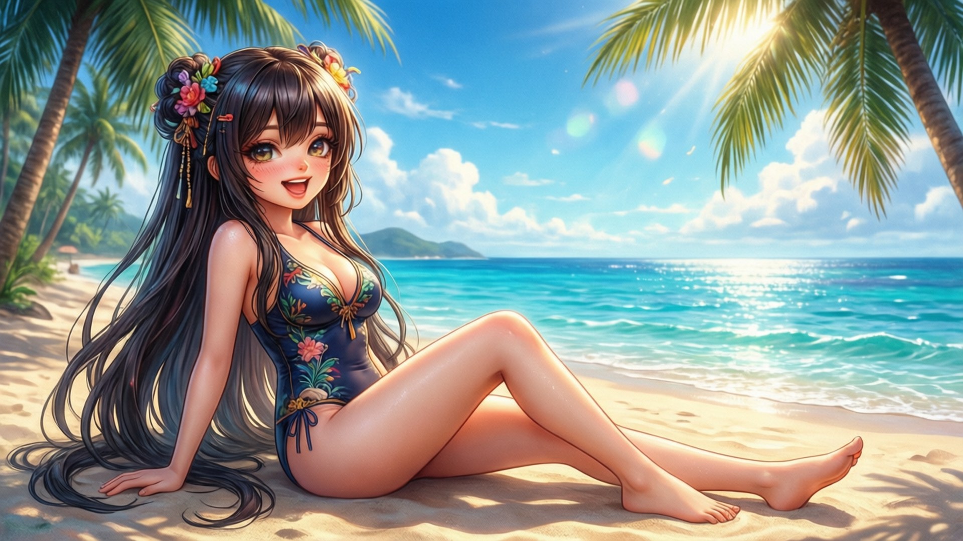 穿著花卉泳衣的動漫女孩在陽光熱帶海灘上休憩，背景有棕櫚樹和大海。