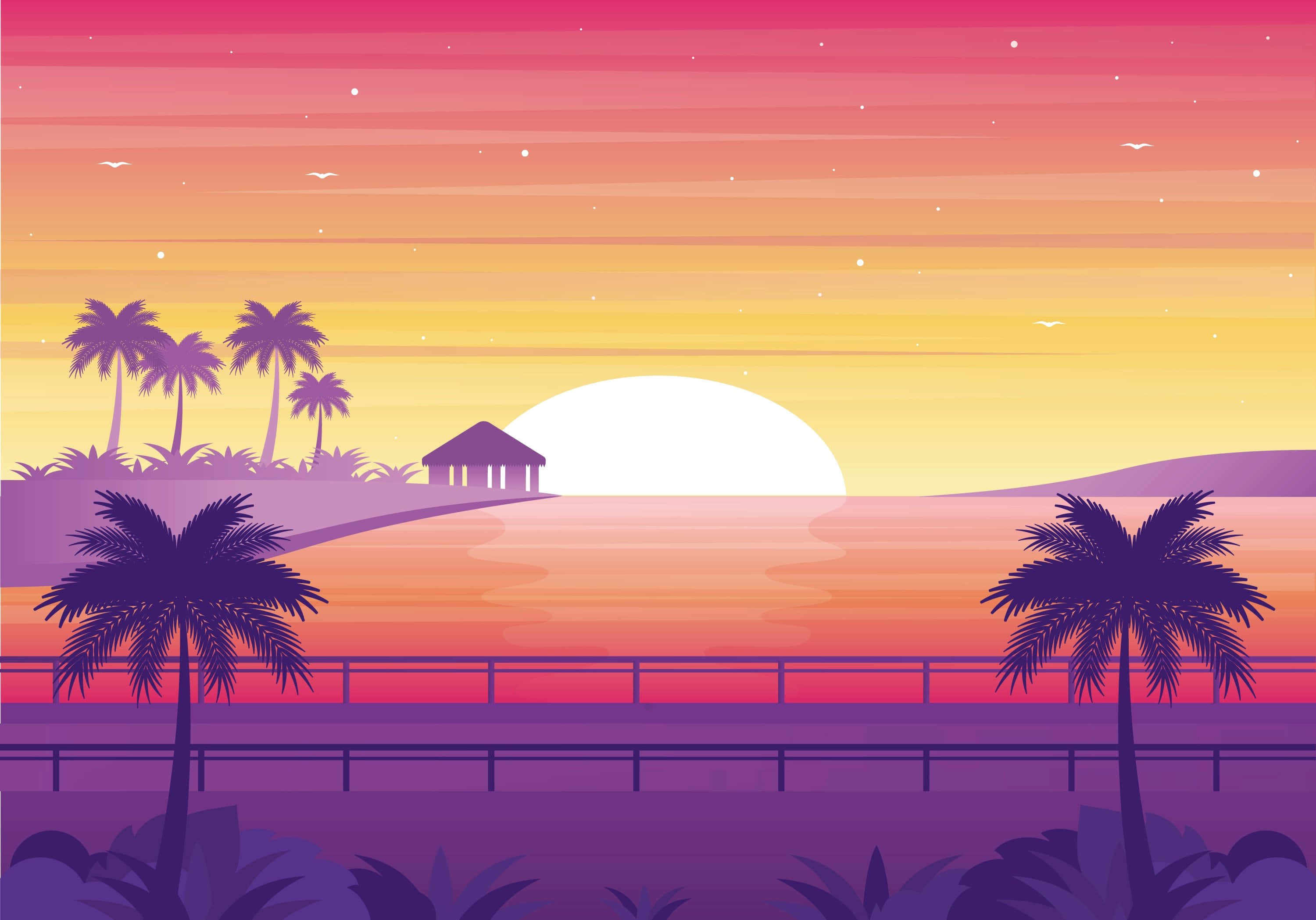 vector 桌布 壁紙 — 熱帶海灘上充滿活力的日落，棕櫚樹在漸變的天空中形成剪影，碼頭延伸至平靜的水面。