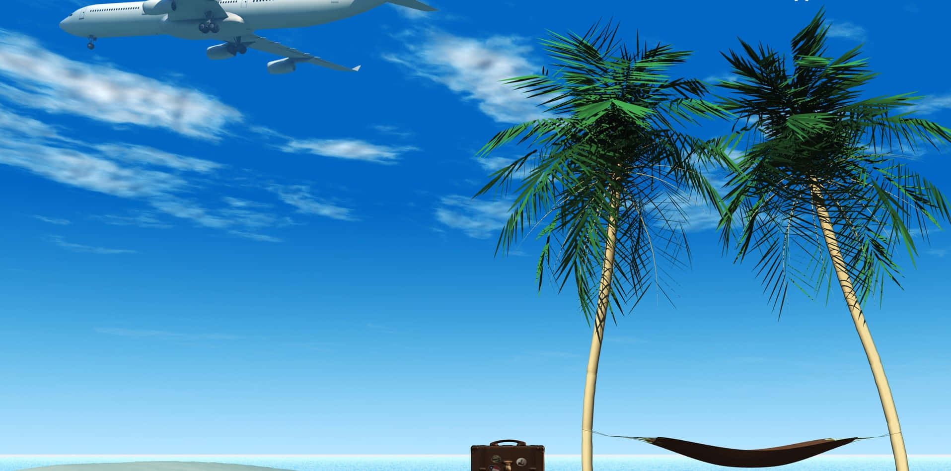 Aviation 桌布 壁紙 — 熱帶海灘場景，有棕櫚樹、吊床和行李箱，在明亮的藍天下，一架白色飛機從頭頂飛過。