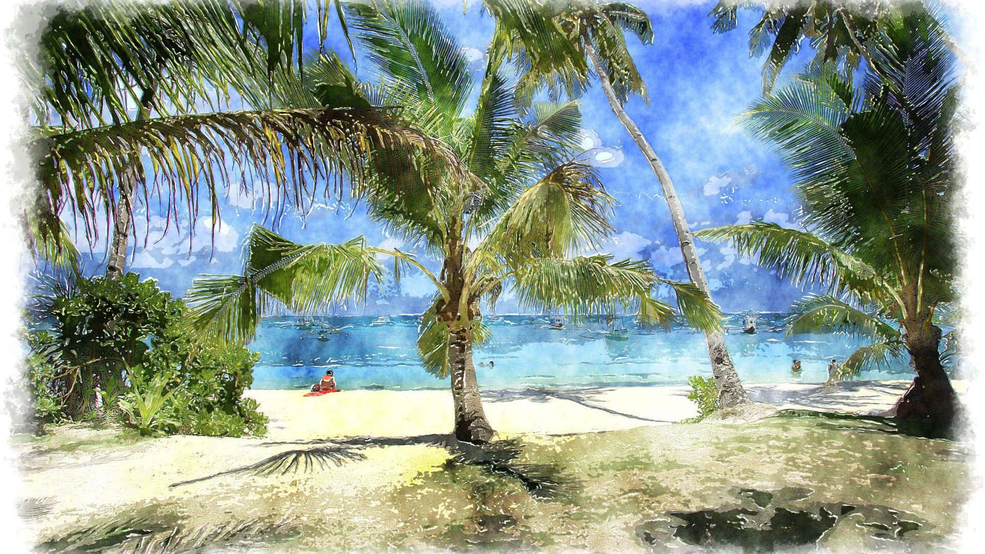 Beach Art 桌布 壁紙 — 熱帶海灘場景，棕櫚樹在湛藍天空下搖曳於碧綠海水之上。