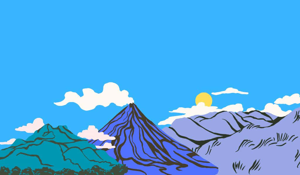 插圖風格的山脈，帶有火山和夕陽。