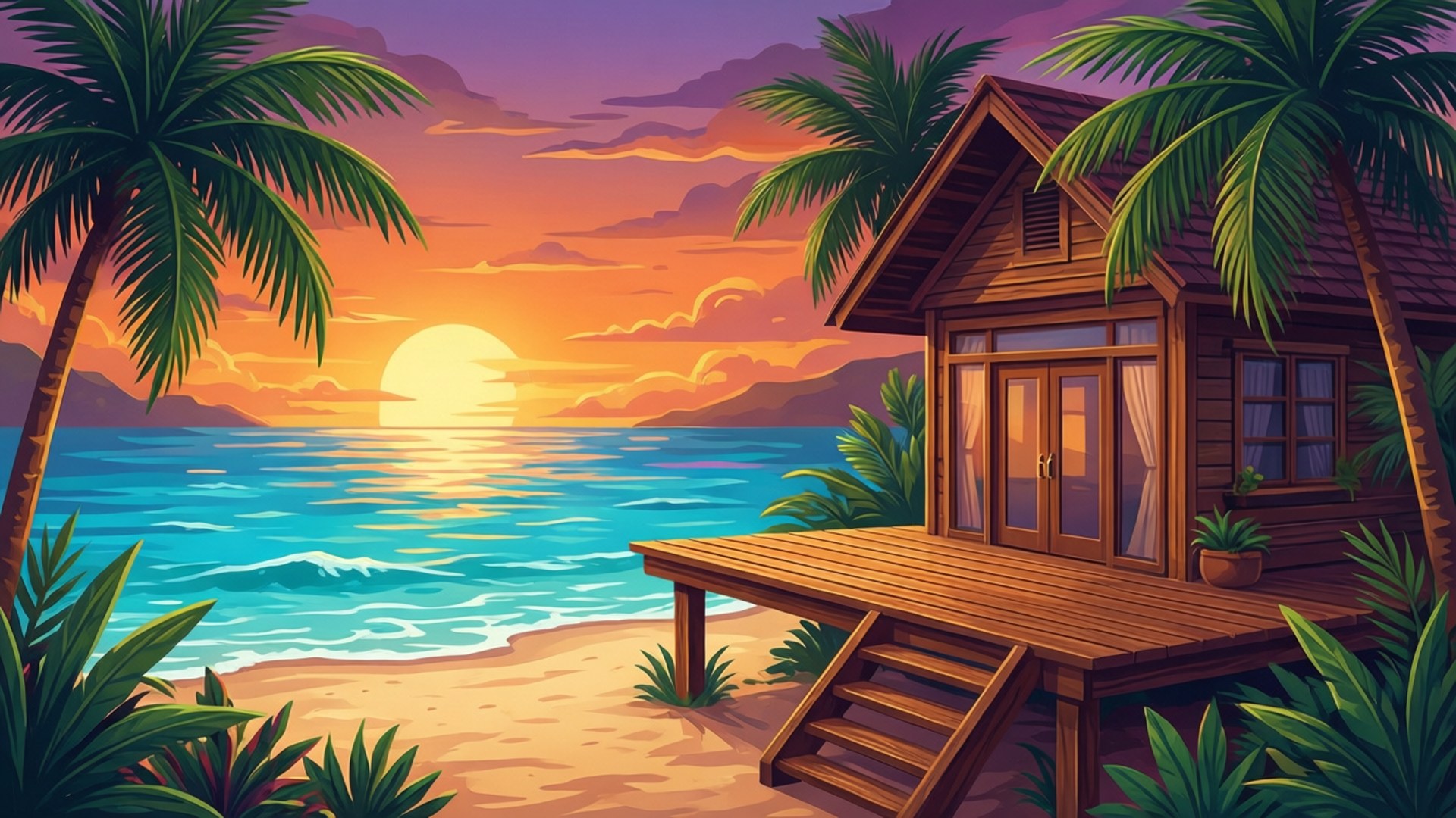 夕陽下舒適的木造海灘小屋，棕櫚樹和碧綠的海洋。