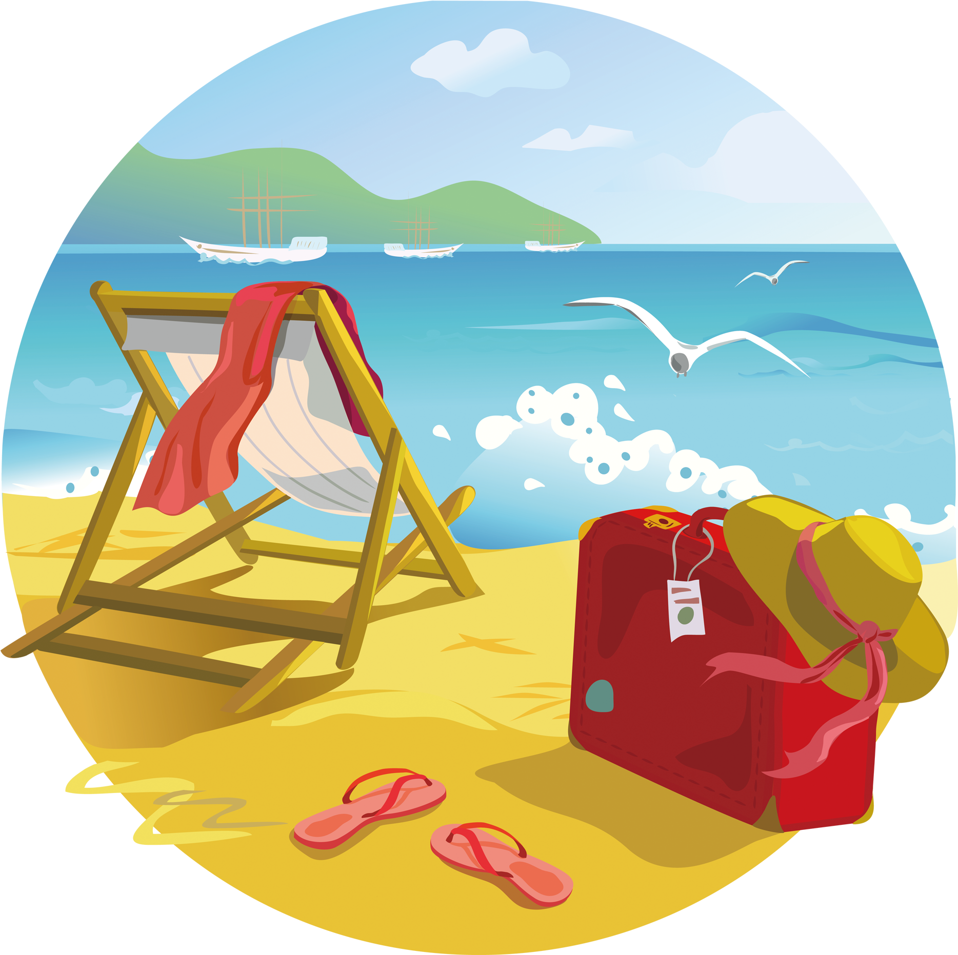 熱帶海灘度假場景插畫 壁紙 — 陽光明媚的海灘場景，有木製躺椅、紅色行李箱和人字拖在金色沙灘上，藍天下遠處有船隻和海鷗。