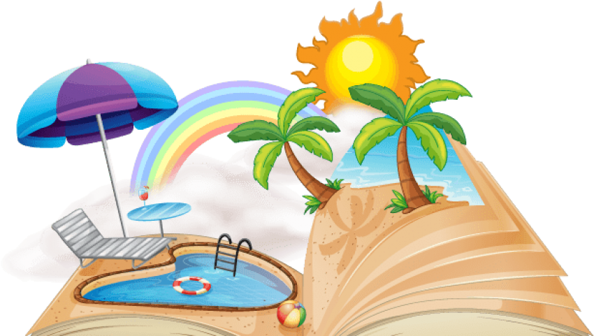 熱帶海灘度假概念 壁紙 — 一個充滿活力的卡通海灘場景，有棕櫚樹、彩虹和一個泳池，位於一本打開的書本內，在明亮的陽光下。