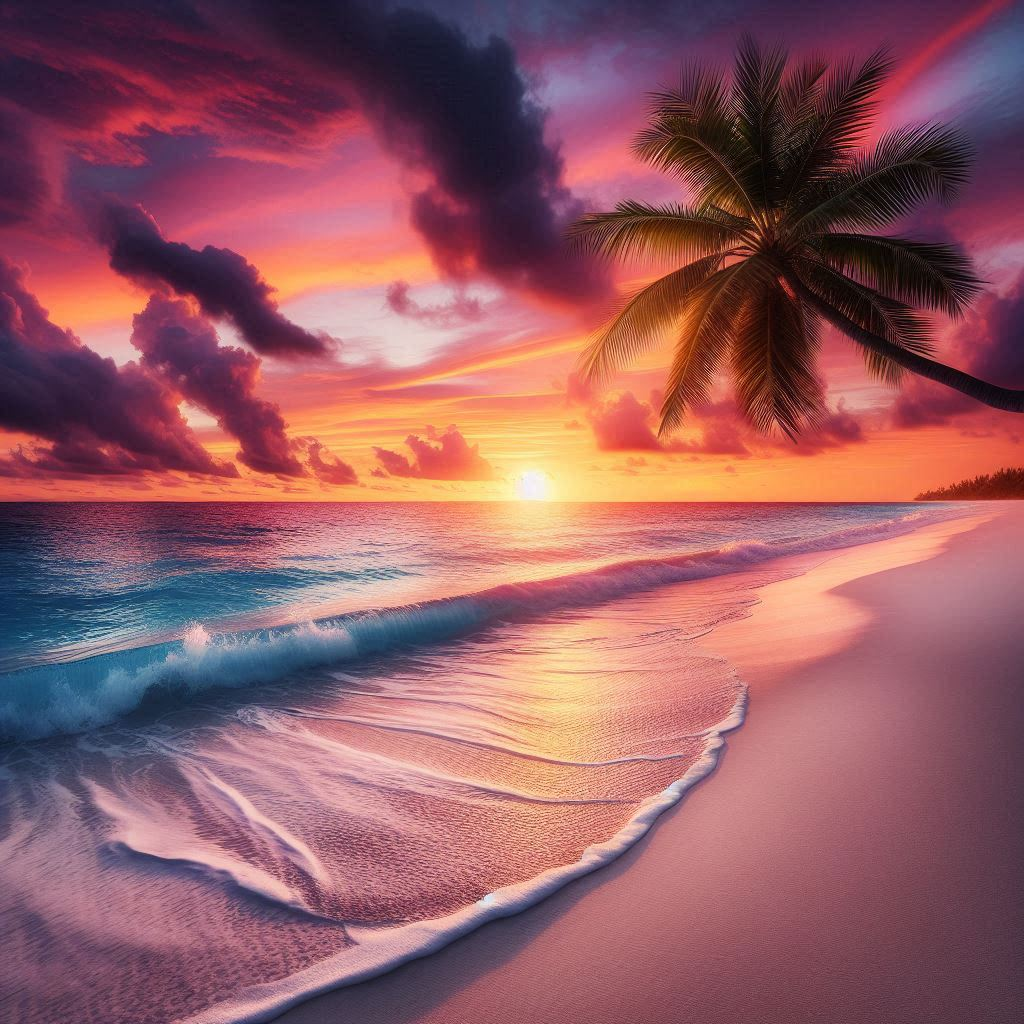 熱帶海灘日落 壁紙 — 一棵孤獨的棕櫚樹斜倚在沙灘上，海浪在紫橙色雲彩的熾熱日落天空下翻滾。