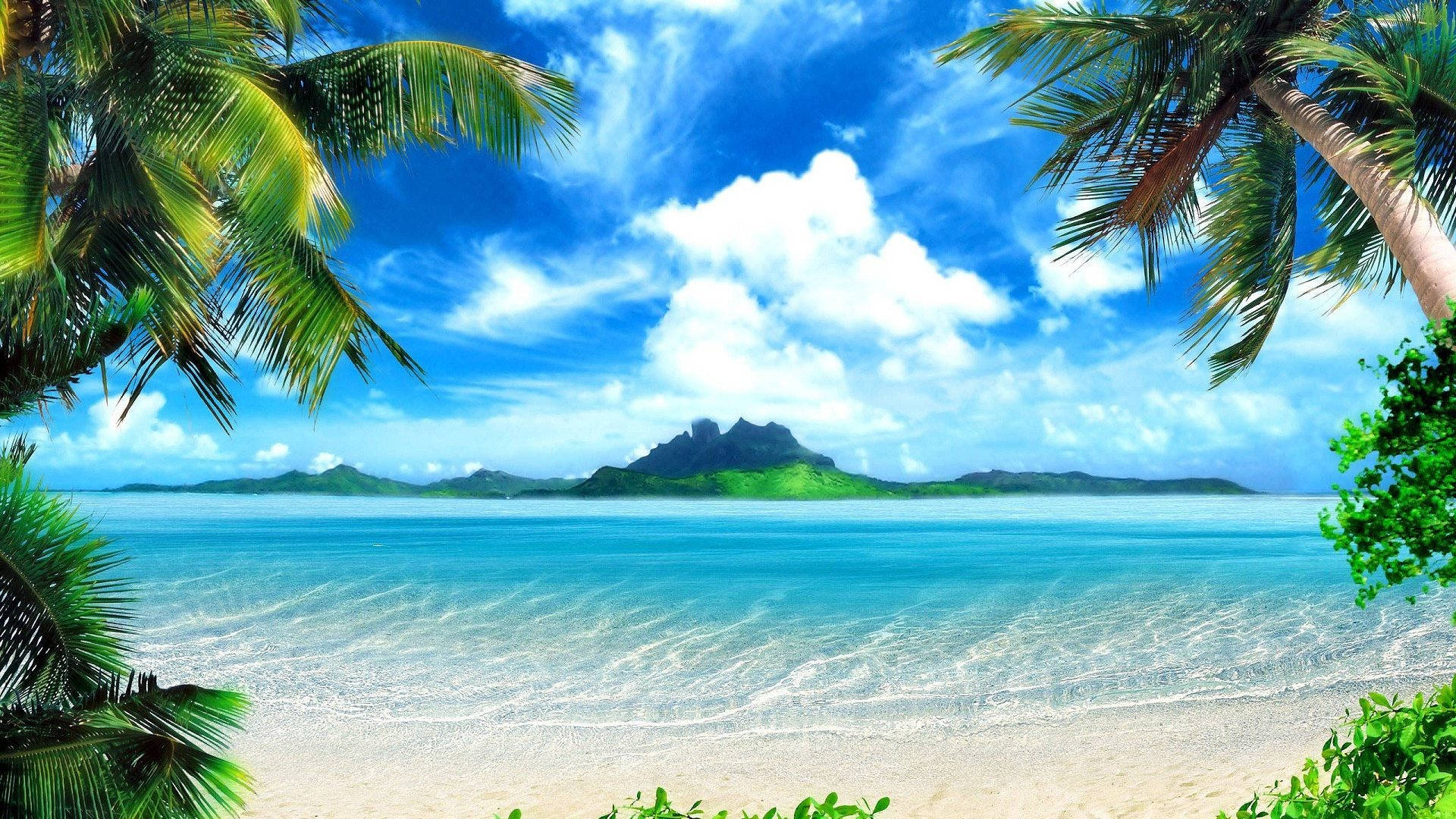 熱帶海灘白沙棕櫚自然風景 壁紙 — 熱帶海灘被棕櫚葉框住，碧綠海水和遠處綠色島嶼，在明亮藍天下。