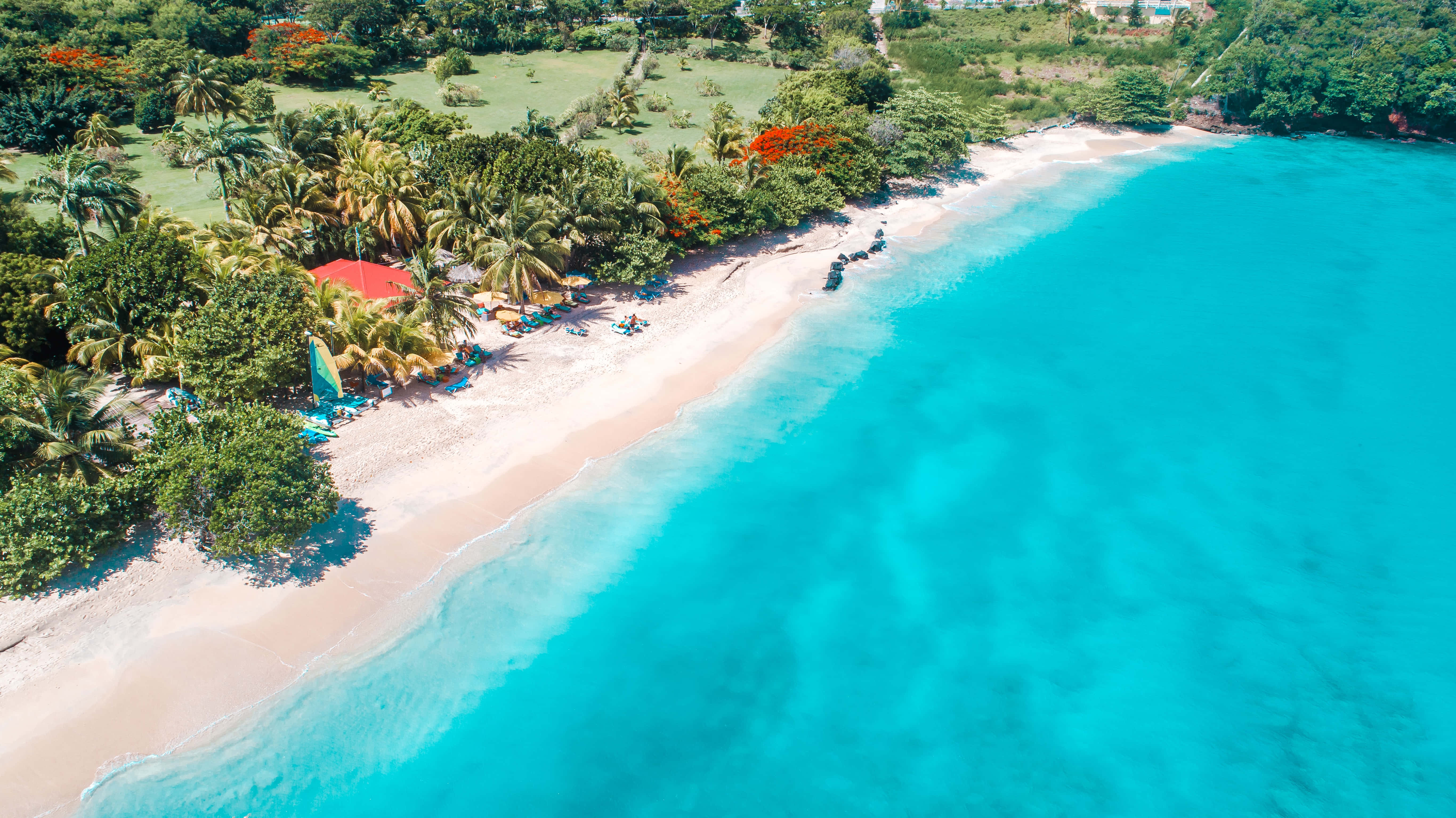 Caribbean 桌布 壁紙 — 熱帶海灘的鳥瞰圖，有碧綠海水、白色沙灘、棕櫚樹和紅色屋頂小屋，在明媚陽光下。