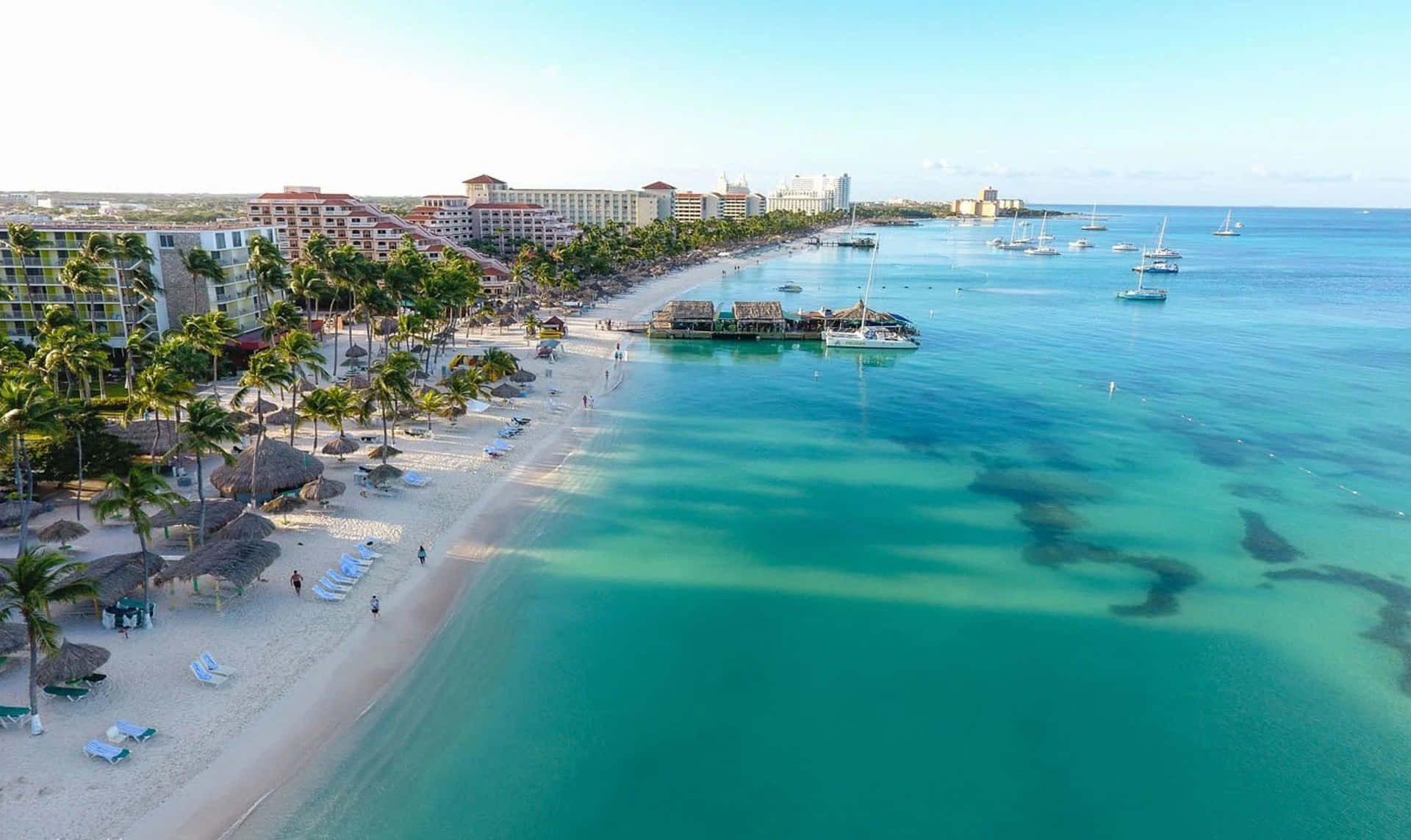 Aruba 桌布 壁紙 — 熱帶海灘的鳥瞰圖，有碧綠的海水、棕櫚樹和度假村建築，在晴朗的天空下。