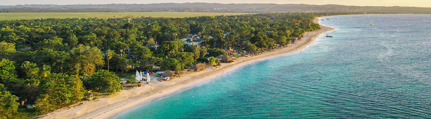 Jamaican Beach 桌布 壁紙 — 熱帶海灘的鳥瞰圖，碧綠的海水擁抱著白色沙灘，沙灘兩旁種滿了茂密的綠色樹木，並散落著幾間海灘小屋。