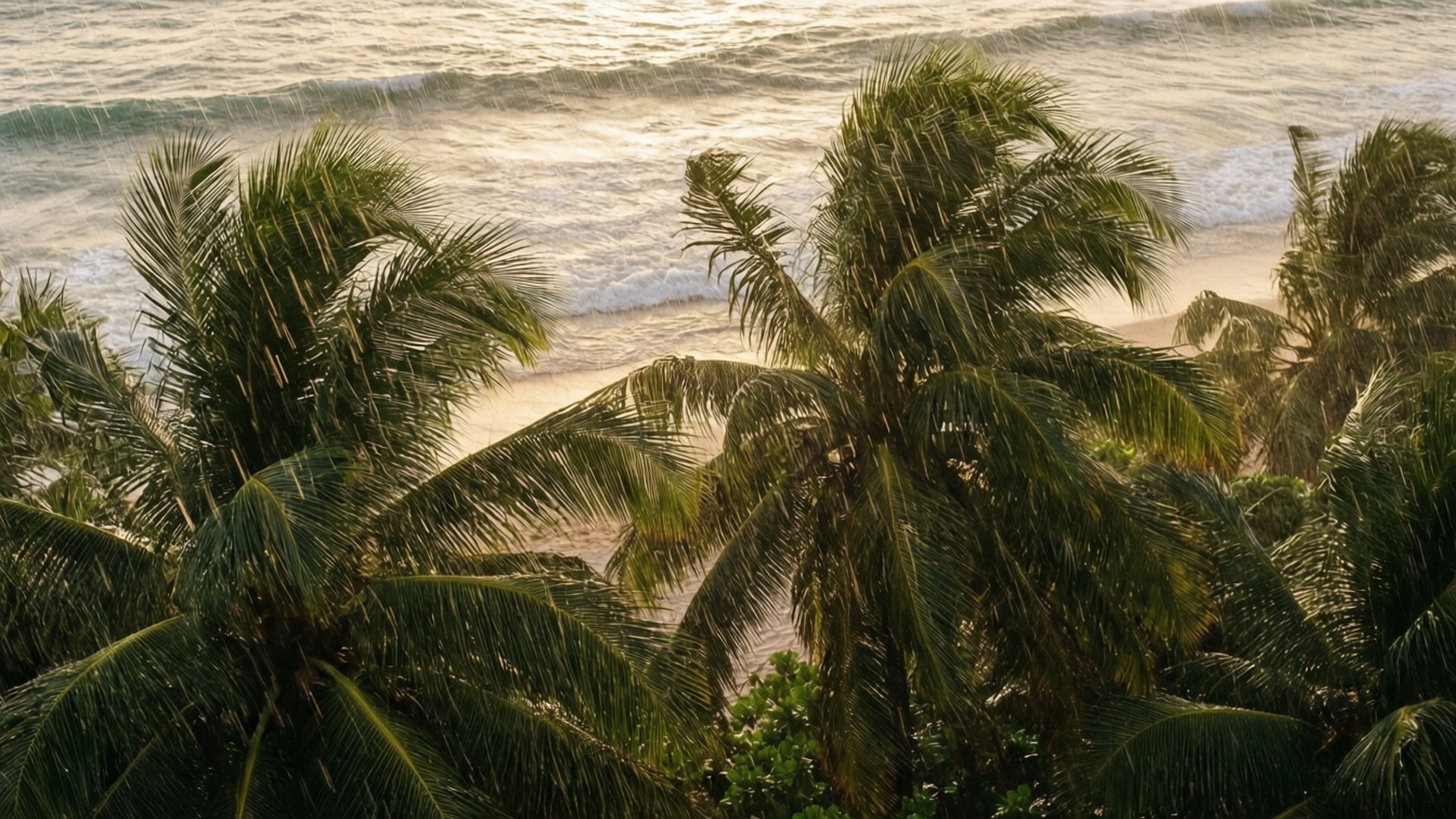 棕櫚樹在雨中搖曳，背景是夕陽海浪
