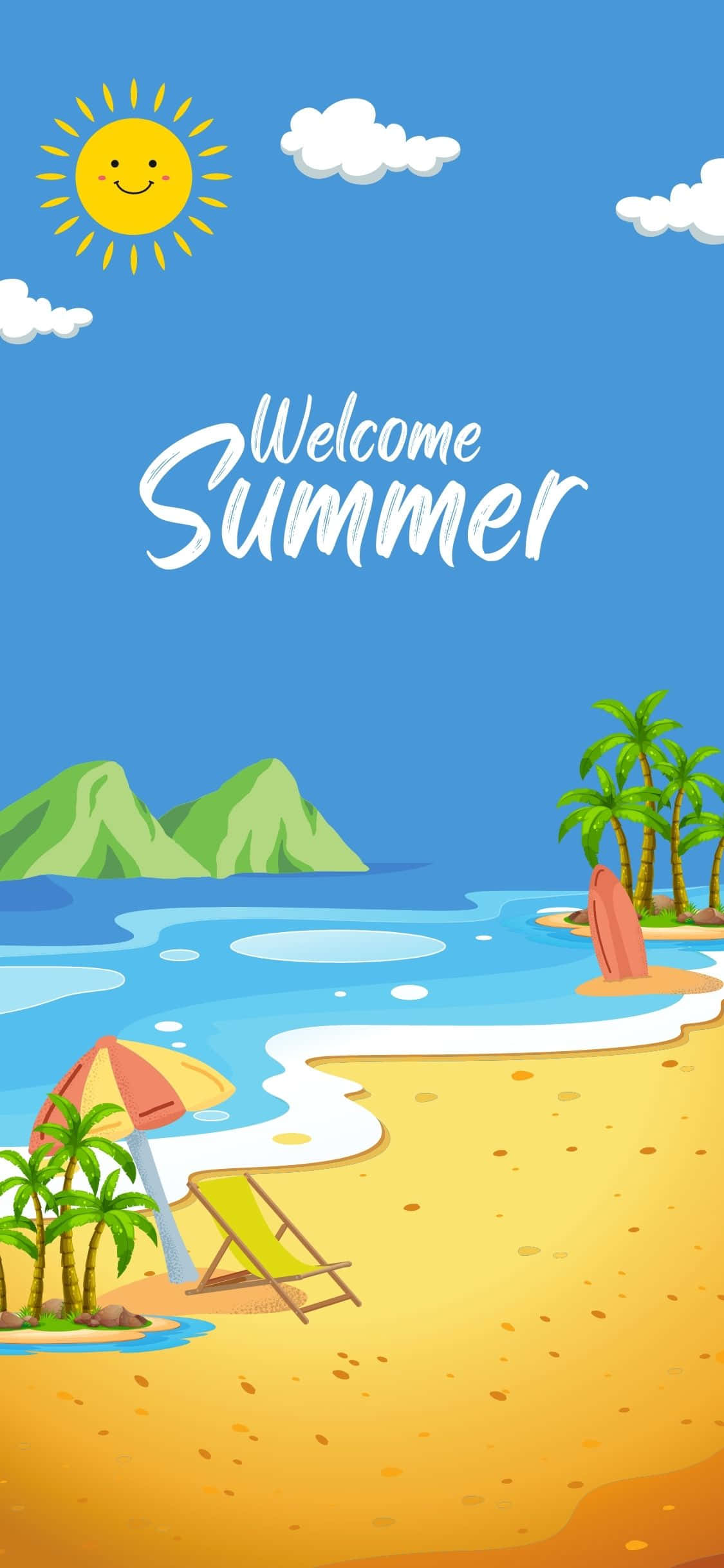 熱帶海灘風景插畫 iPhone X 夏日背景 壁紙 — 一個歡樂的卡通海灘場景，有微笑的太陽、棕櫚樹和夏日歡迎標誌下的躺椅。