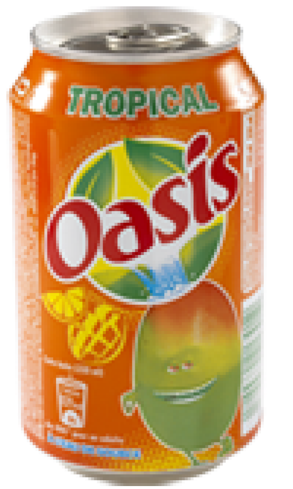 熱帶綠洲飲料罐 壁紙 — 一個充滿活力的橙色 Tropical Oasis 汽水罐，帶有微笑的芒果吉祥物和熱帶葉子標誌。
