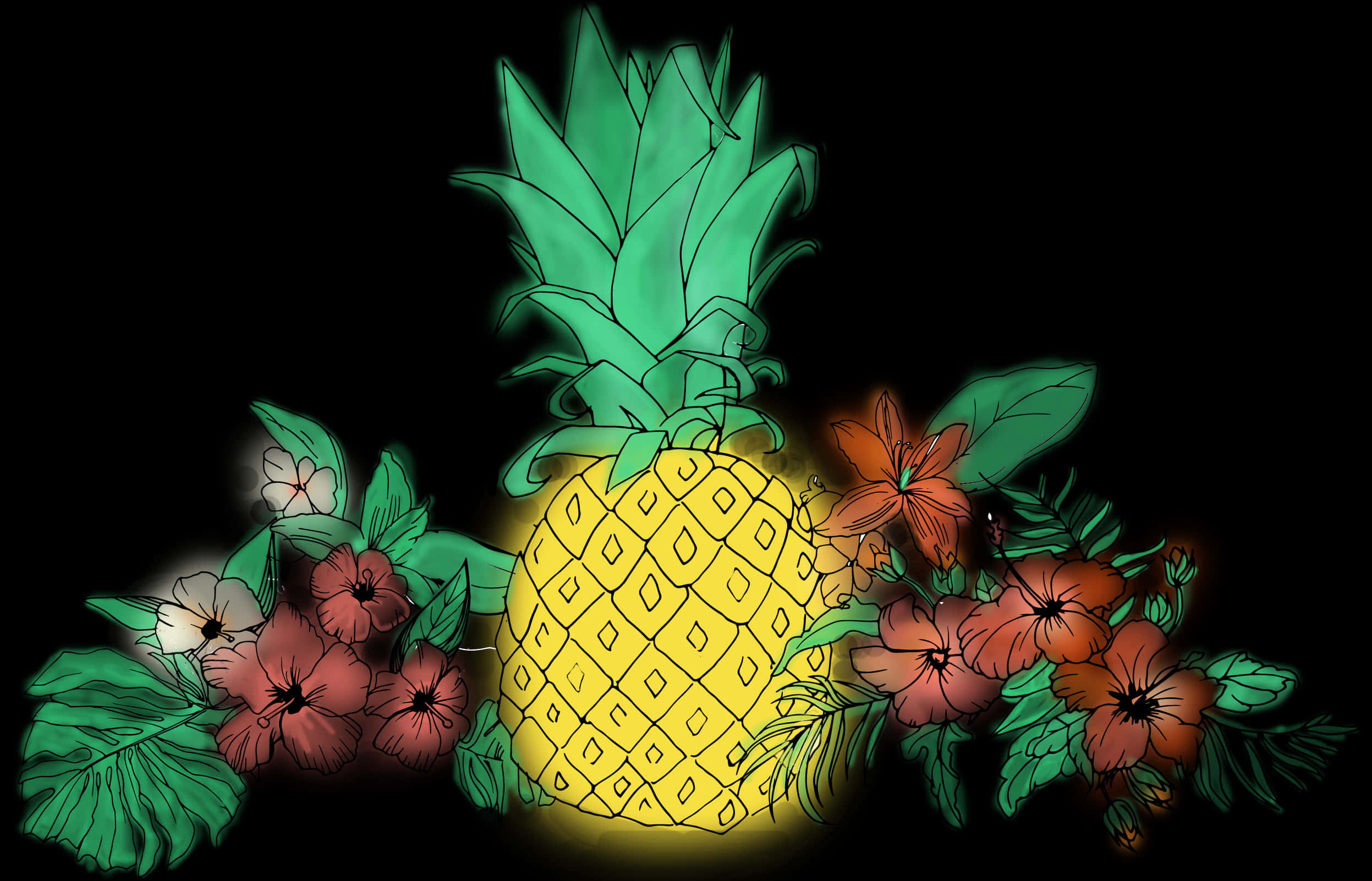 熱帶菠蘿與花卉插畫 壁紙
