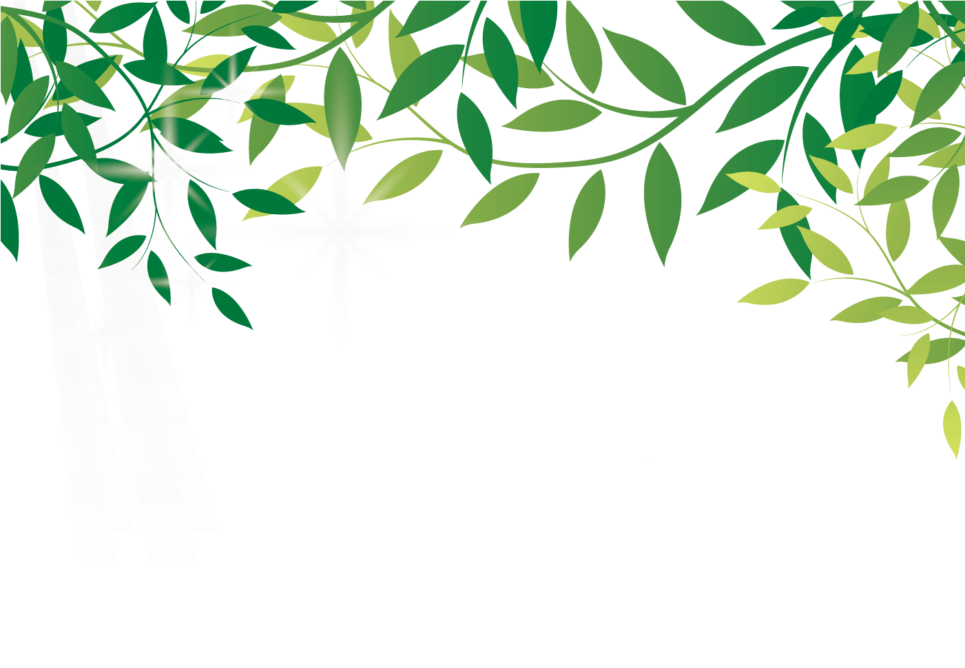 熱帶葉片與竹子插圖 壁紙 — 綠色葉子和藤蔓在純黑背景上框住一顆發光的白色星星。