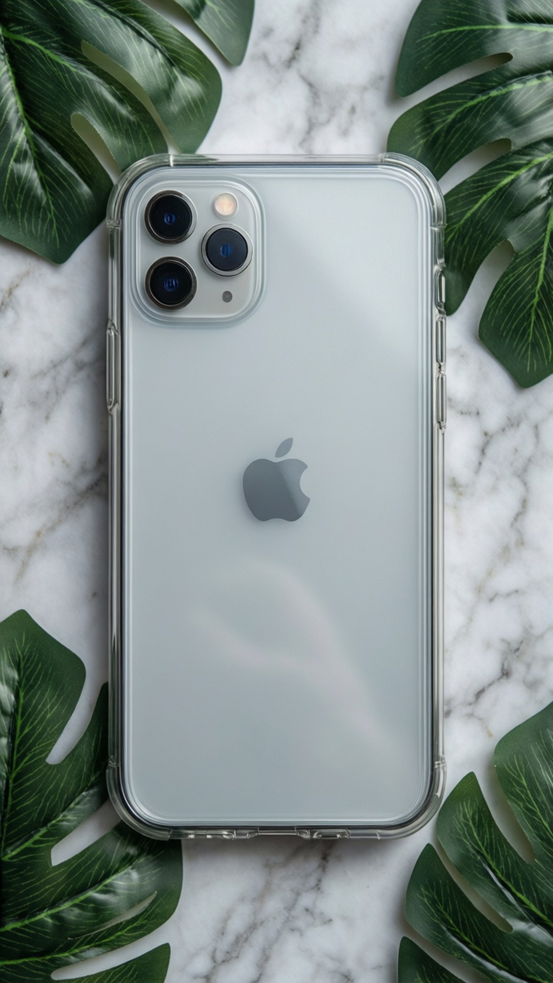 透明iPhone 11 Pro Max配三鏡頭放在大理石上，周圍環繞龜背竹葉。