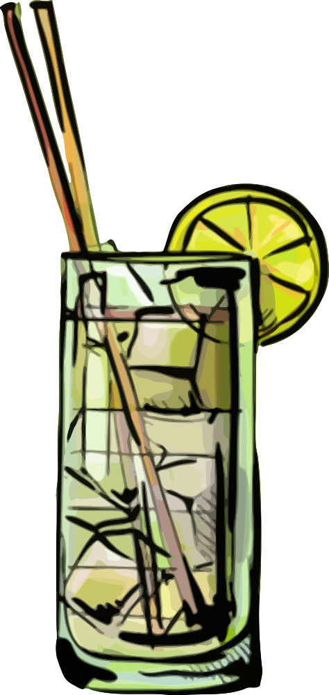 熱帶雞尾酒插畫 壁紙 — 一杯高身青檸水，加冰和飲管，黑色背景。