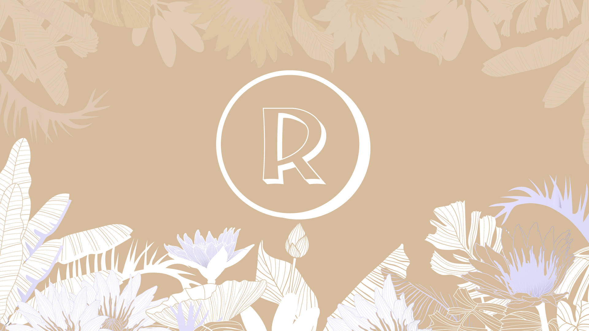 熱帶花卉插圖，米色背景上有一個白色圓形標誌，內有字母 R。