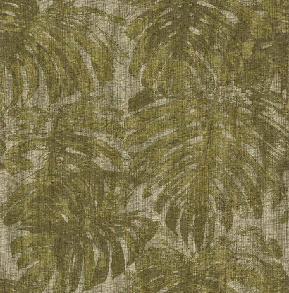 Olive Green 桌布 壁紙 — 熱帶龜背竹葉以橄欖綠和米色調重複出現在有紋理的布料風格壁紙上。